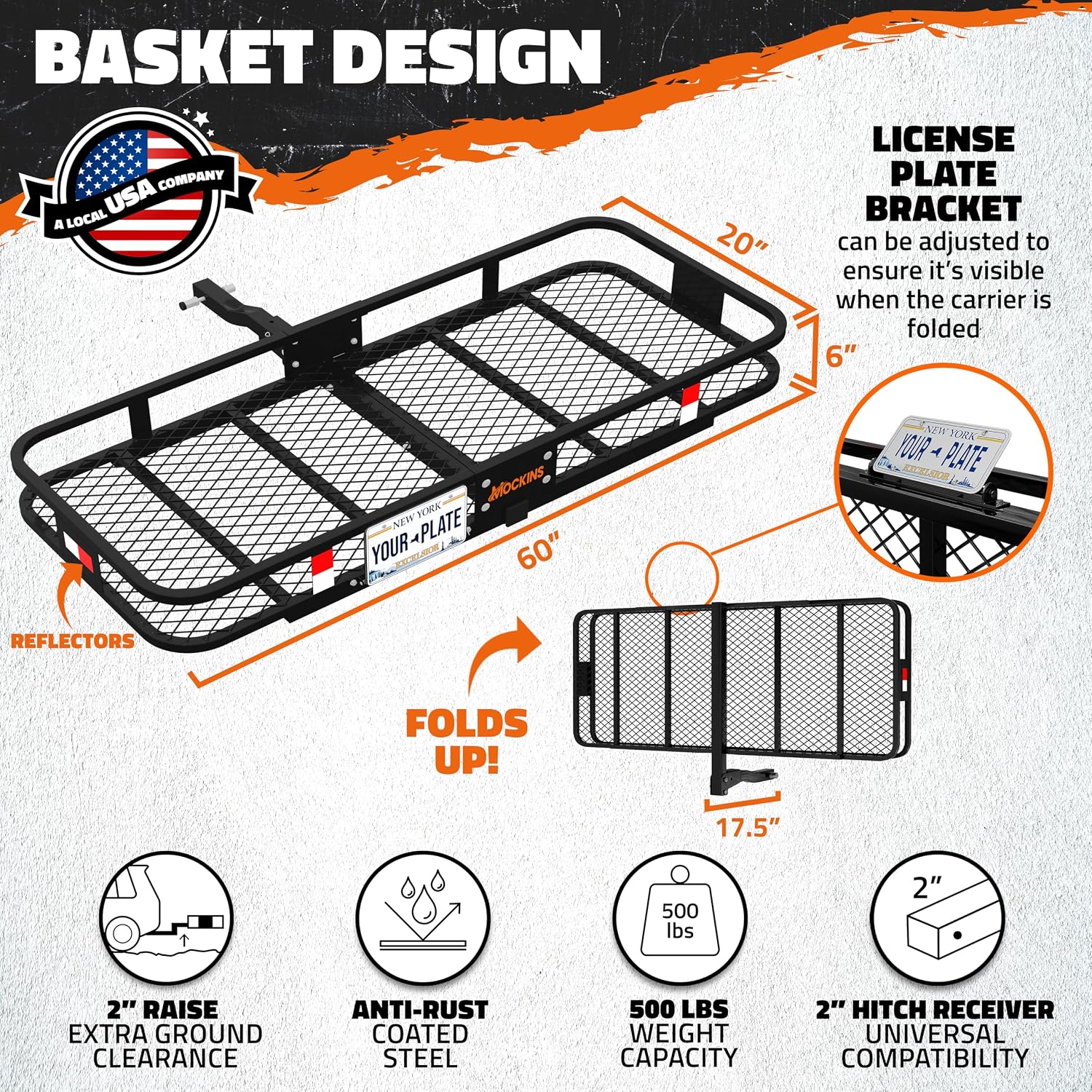 Mockins 500 lb. Capacity Folding Luggage Rack for SUV Car Truck ATV & More | Steel Trailer Hitch Cargo Carrier 60"x20"x6" w/ 16 Cu Ft Waterproof