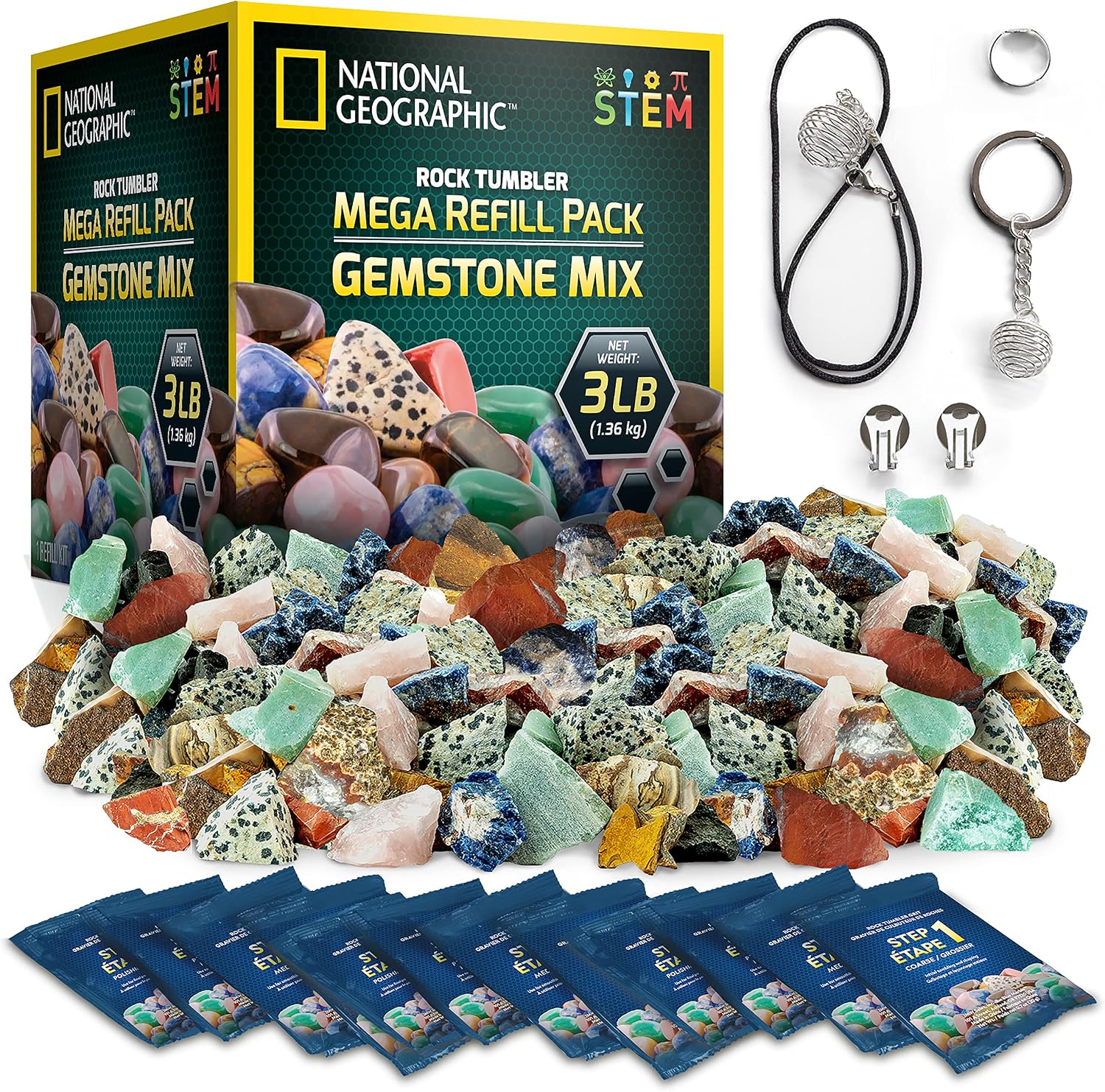 National Geographic Rock Tumbler Refill Kit with 3 Lbs. Rough Gems | 3 Lbs. Rough Gemstones, Amethyst and Quartz, 4-Stage Grit, Jewelry Accessories, Rock Polishing Supplies