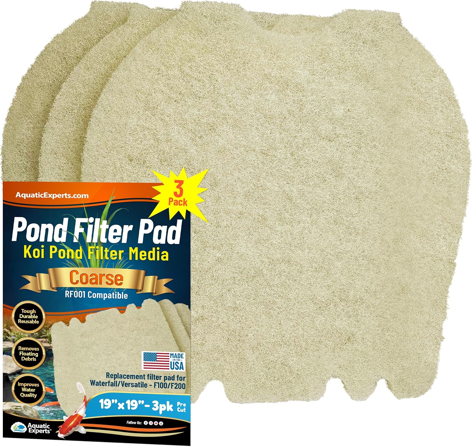 Aquatic Experts Cream COARSE Pond Filter Pad - 2 inch Thick - Bulk Roll Water Garden Filter Pond Media - Made in USA, (12" x 36")