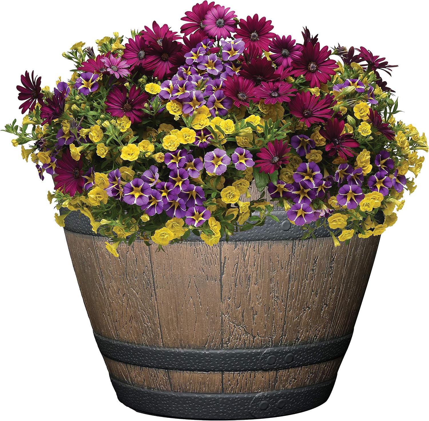 Outdoor Whiskey Resin Flower Pot Barrel Planter, Walnut Brown, 15"