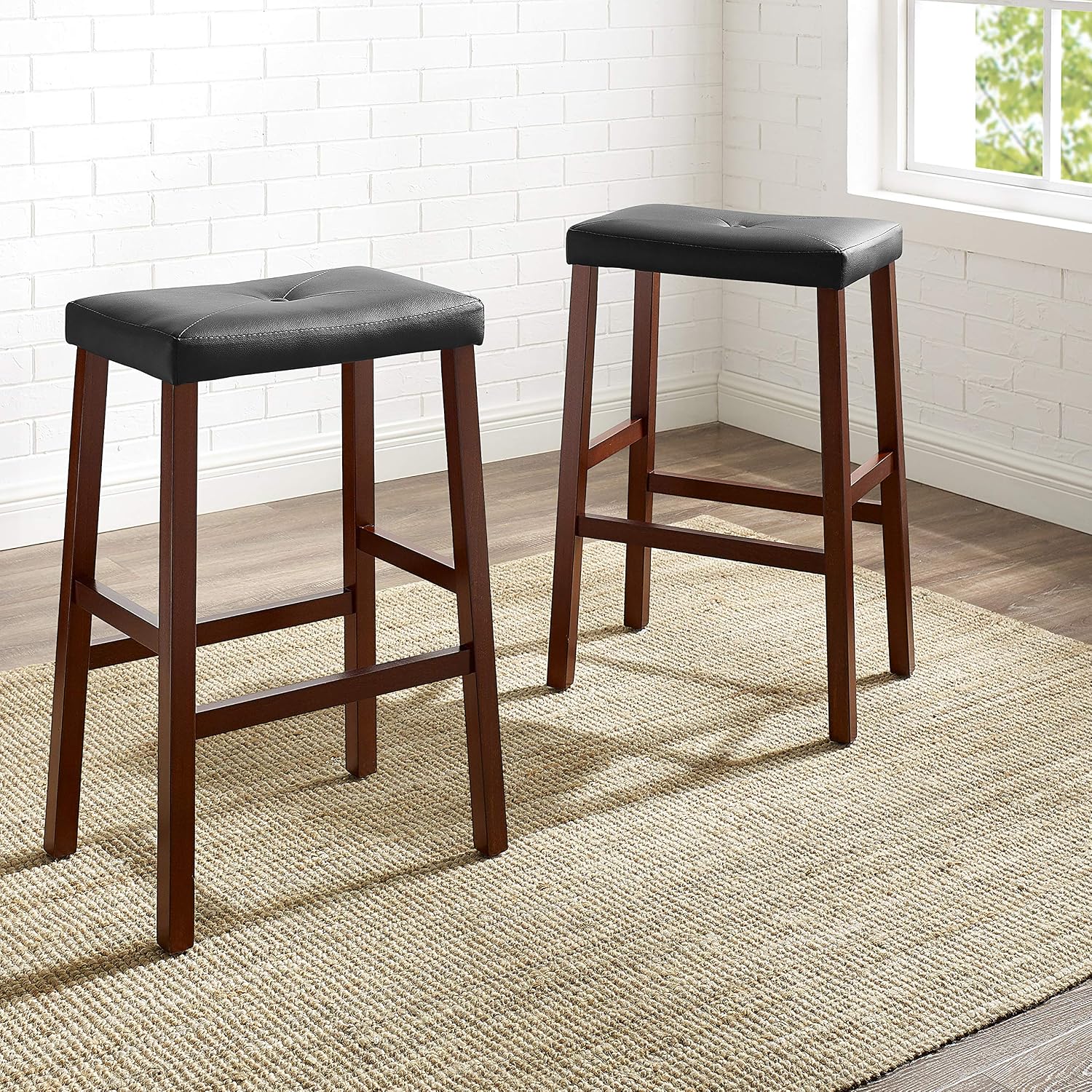 Crosley Furniture Upholstered Saddle Seat Counter Height Bar Stools Set of 2, Black, 24-inch