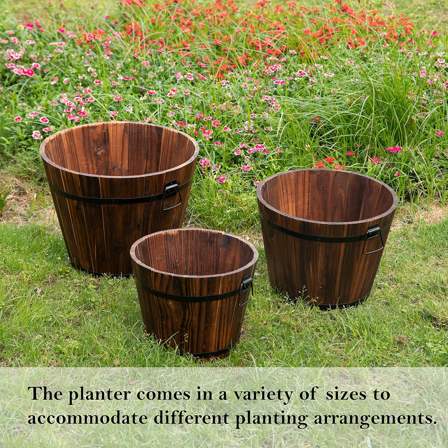 Rustic Wooden Whiskey Barrel Planter with Durable Medal Handles and Drainage Hole - Perfect for Indoor and Outdoor Plants, Herbs, and Vegetables - Medium