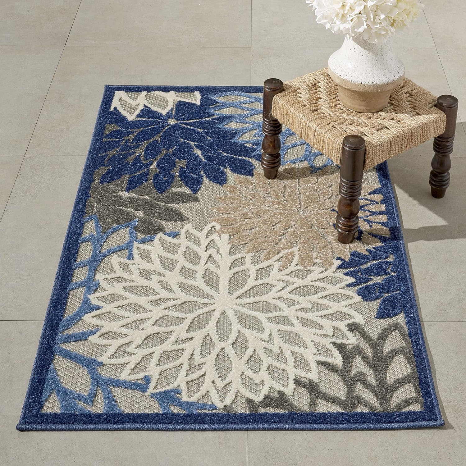 Nourison Home Aloha Indoor/Outdoor Black White 2'8" x 4' Area Rug, Tropical, Botanical, Easy Cleaning, Non Shedding, Bed Room, Living Room