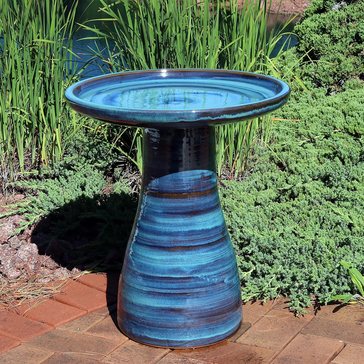 Sunnydaze Ceramic Bird Bath, Weather-Resistant Finish, 21” H, Galaxy Blue