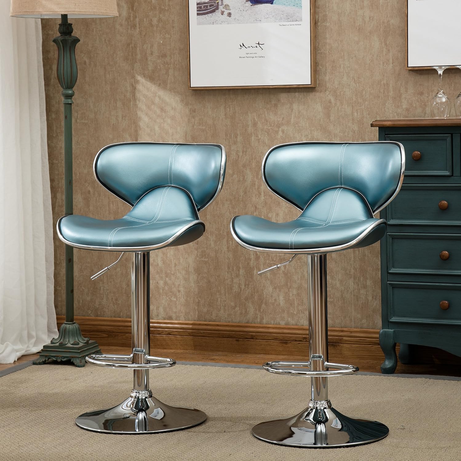 Roundhill Furniture Masaccio Cushioned Leatherette Upholstery Airlift Adjustable Swivel Barstool with Chrome Base, Set of 2, Blue
