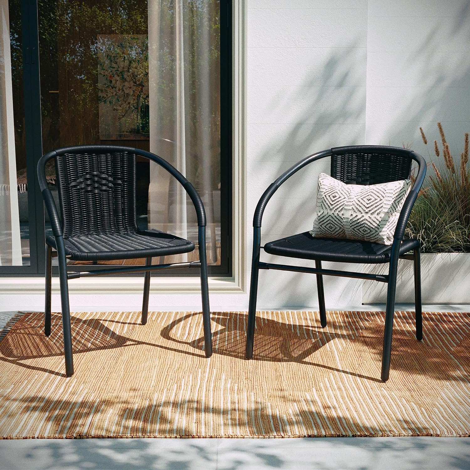 Flash Furniture Lila Modern Rattan Indoor/Outdoor Stackable Dining Chairs, Stacking Rattan Bistro Chairs for Patio or Restaurant, Set of 4, Brown | Commercial Grade, Indoor/Outdoor Use