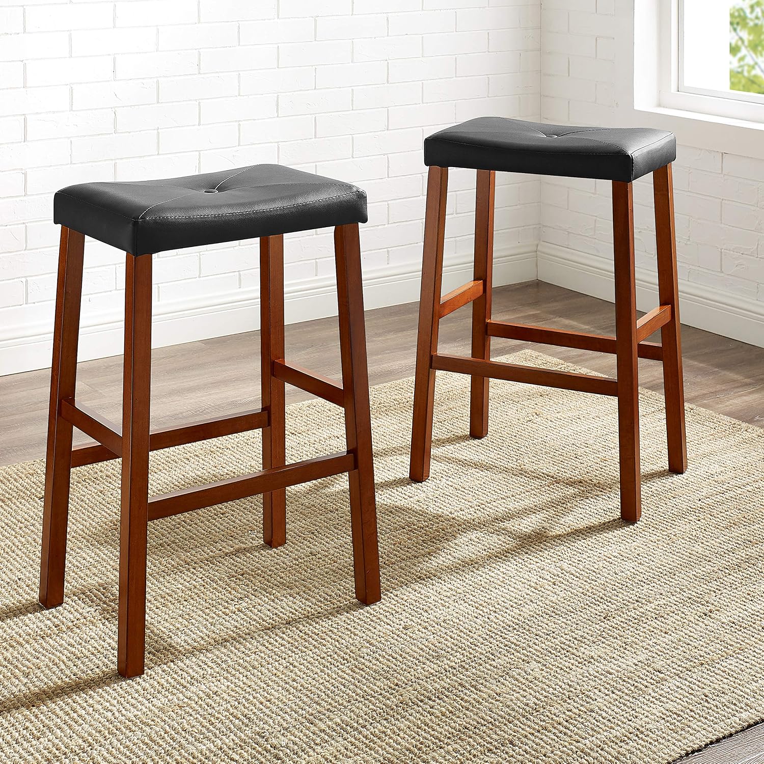 Crosley Furniture Upholstered Saddle Seat Counter Height Bar Stools Set of 2, Black, 24-inch