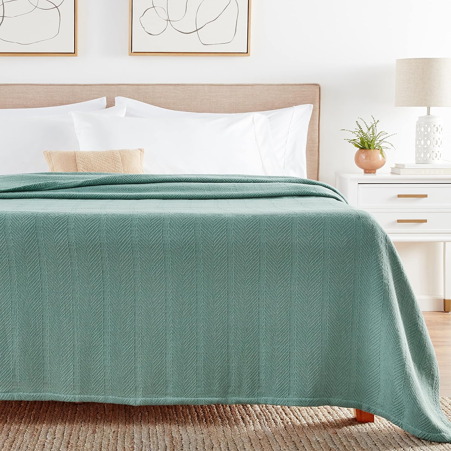 Eddie Bauer - Queen Size Blanket, 100% Soft Cotton Bed Blanket for Year Round Comfort, Throw Blanket for Couch or Bed (Herringbone Blue Stripe)
