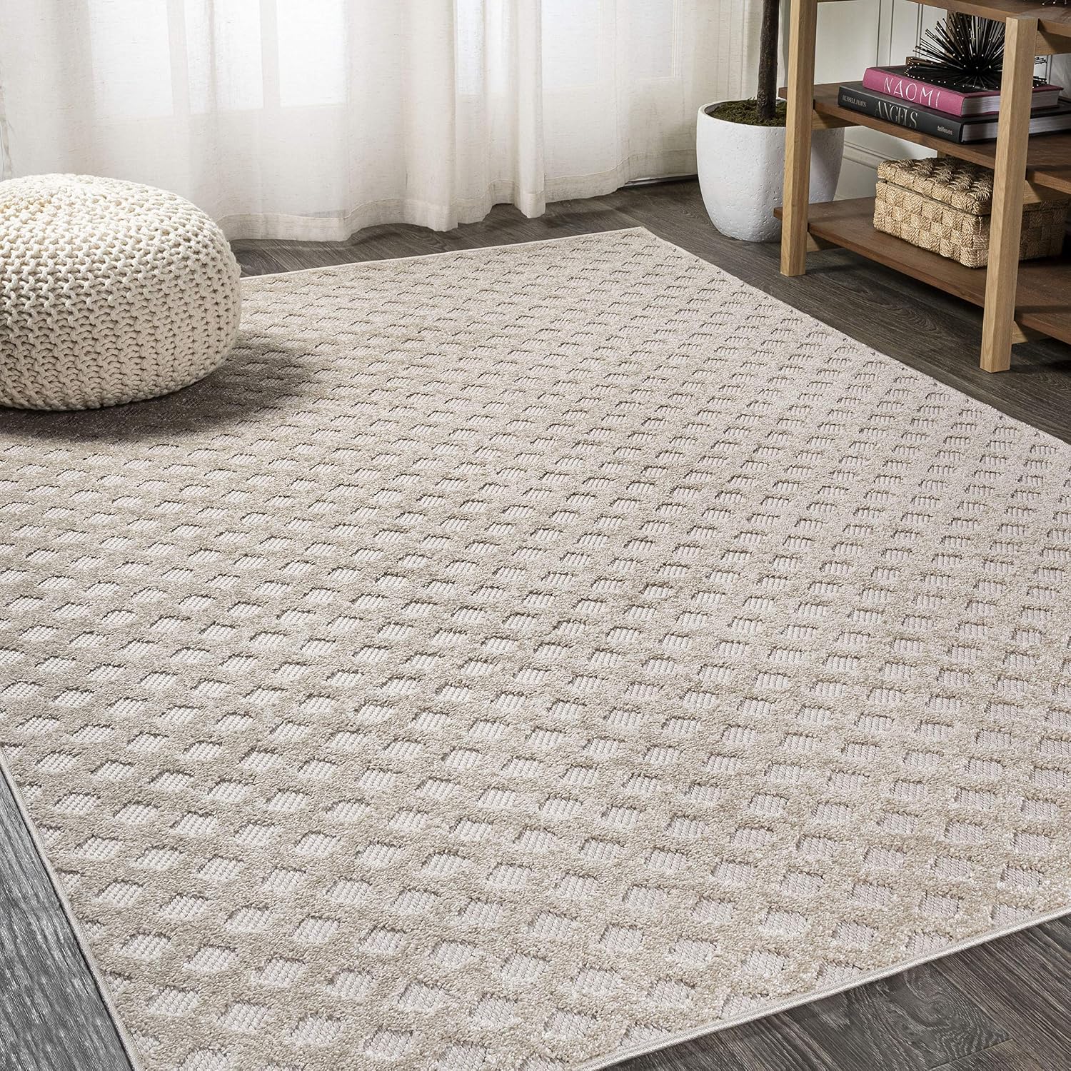 JONATHAN Y Mini-Diamond Trellis Indoor Outdoor Area Rug 3X5 White/Black, Rabat High-Low Pile for Backyard, Patio, Porch, Easy-Cleaning, High Traffic