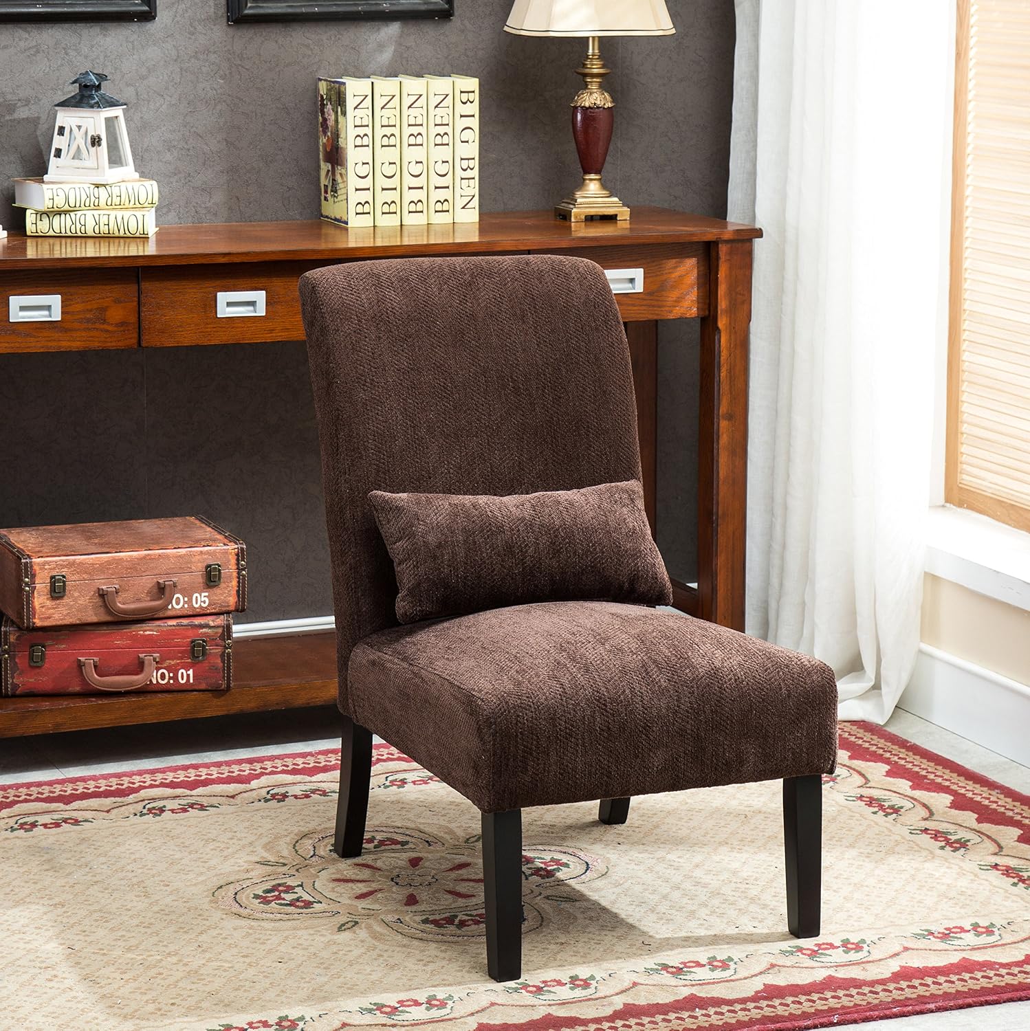 Roundhill Furniture Pisano Teal Blue Fabric Armless Contemporary Accent Chair with Kidney Pillow