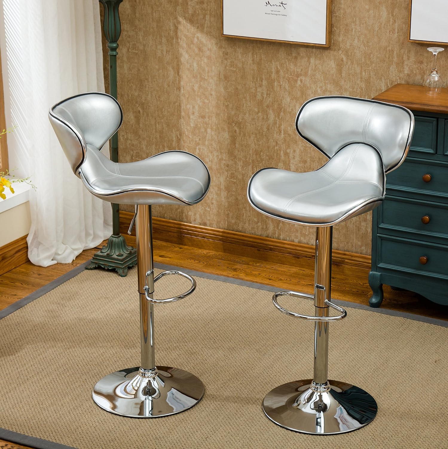 Roundhill Furniture Masaccio Cushioned Leatherette Upholstery Airlift Adjustable Swivel Barstool with Chrome Base, Set of 2, Blue
