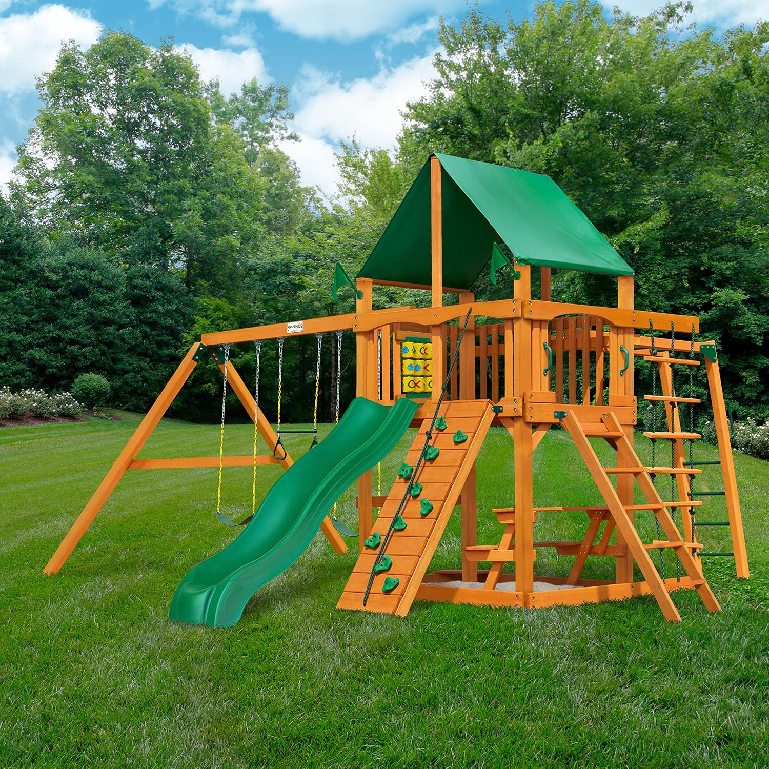 Gorilla Playsets 01-0020-AP-1 Navigator Wooden Swing Set with Deluxe Green Vinyl Canopy, Monkey Bars, Swings, and Slide, Brown