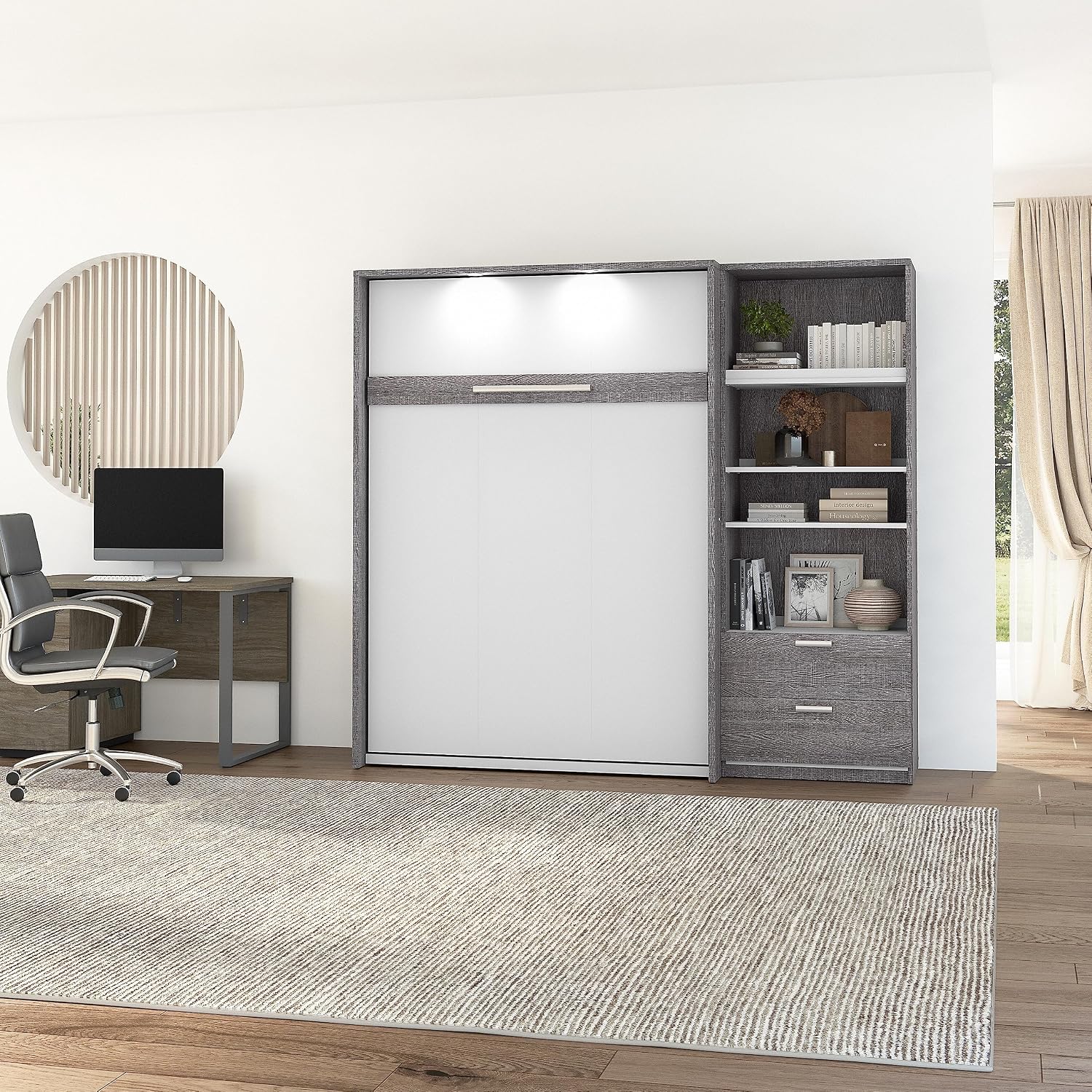 Bestar Cielo Full Murphy Bed with Closet Organizer (89W) in Bark Gray and White, Sleeping Arrangement for Multipurpose Room | Closet Organizer