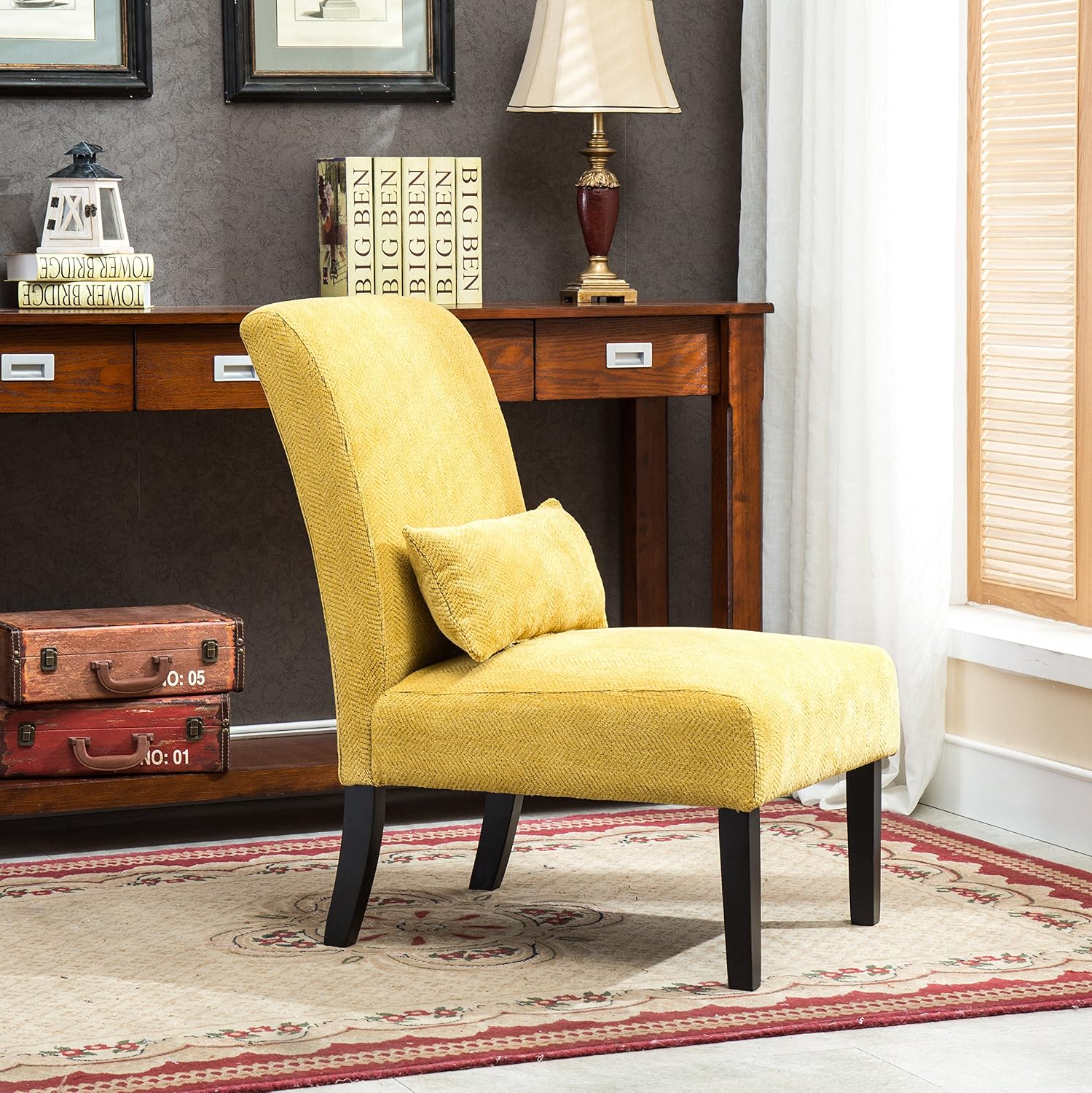 Roundhill Furniture Pisano Teal Blue Fabric Armless Contemporary Accent Chair with Kidney Pillow