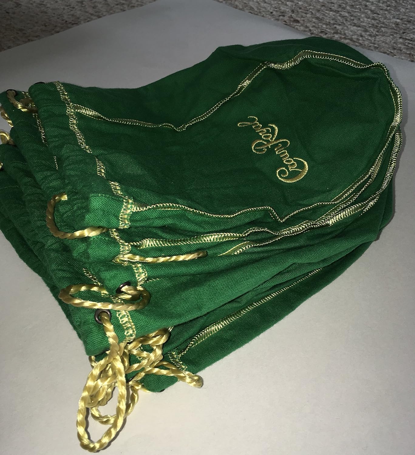 Pack of 10 Green Crown Royal Bags w/Gold Drawstrings from 1 Liter Bottles (9 inch x 5.5 inch) for Gift Bags