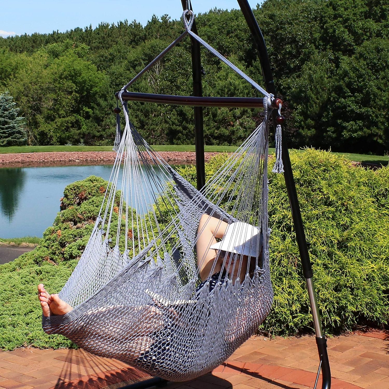 Sunnydaze Hanging Hammock Chair Swing for Patio, Caribbean, Tan | 300 lb Capacity, Wooden Spreader Bar, Woven Polyester, Hang From a Tree, Hammock Chair Stand, or Ceiling, Hammock Swing Chair