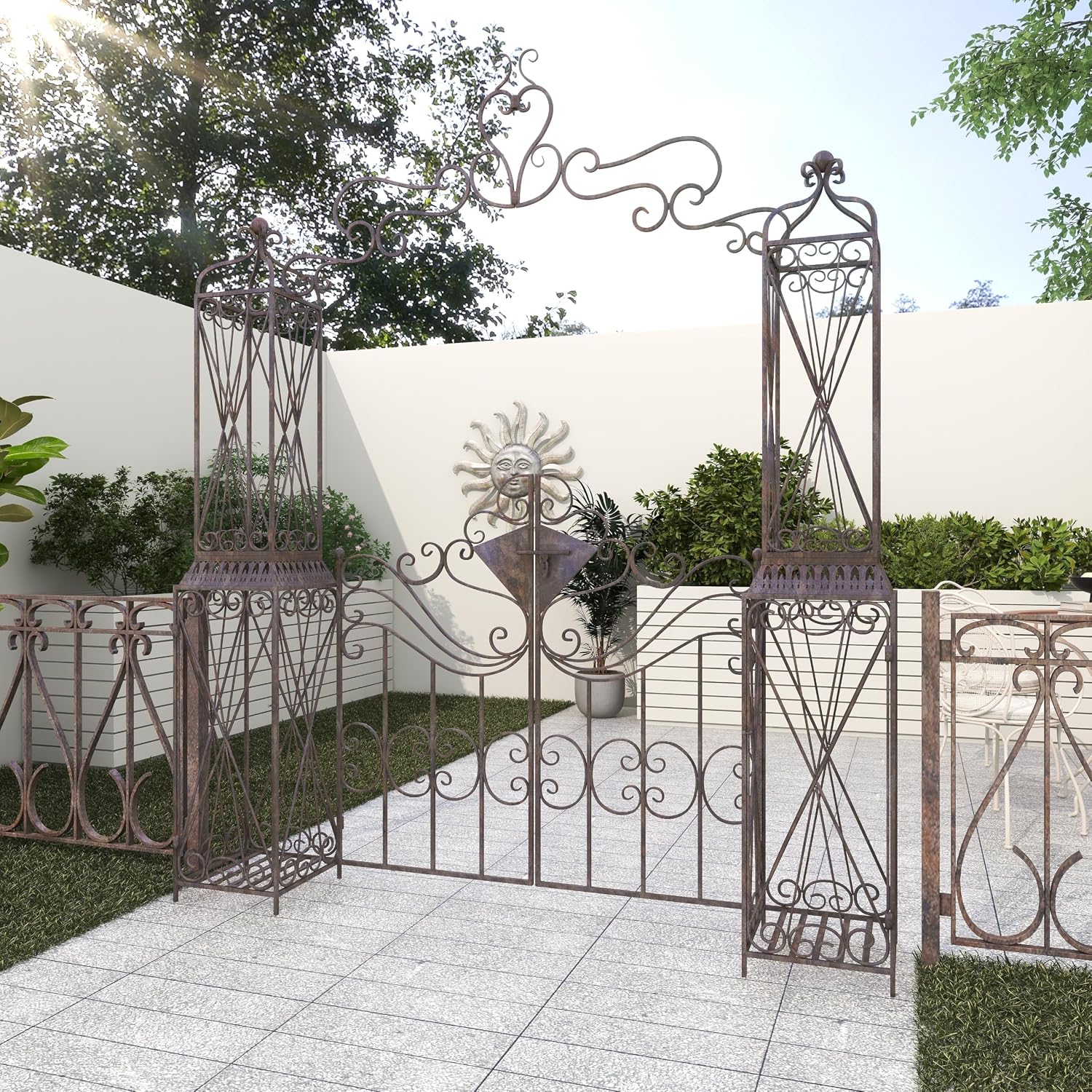 Deco 79 Metal Indoor Outdoor Garden Arbor, 78" x 14" x 94", Matte Bronze | Elevate patios and gardens, metal garden arch trellis, metal trellis for climbing plants outdoor, double doors, scroll latch
