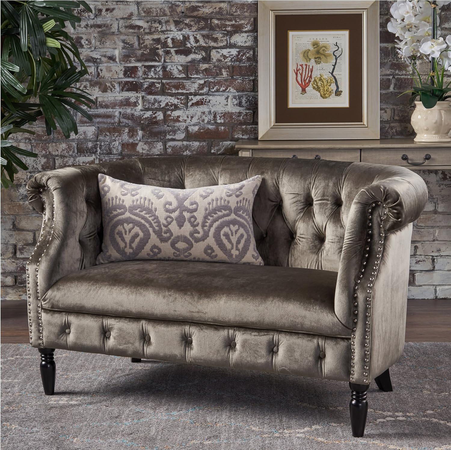 Christopher Knight Home Milani Tufted Scroll Arm Velvet Loveseat, Grey / Dark Brown