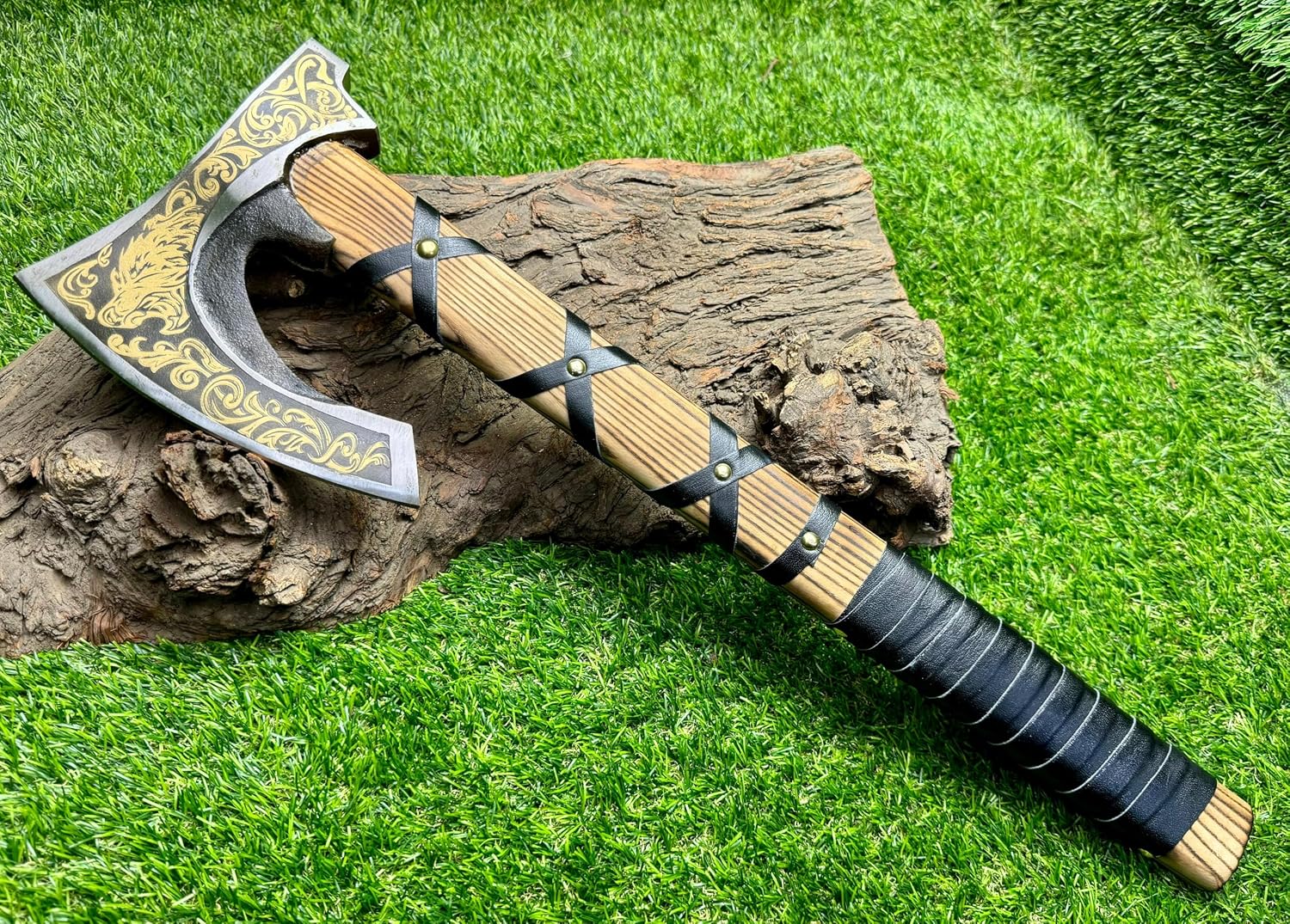 Poshland AX-7000 Custom Gift Forged Carbon Steel Viking Axe with Rose Wood Shaft, Viking Bearded Camping Axe
