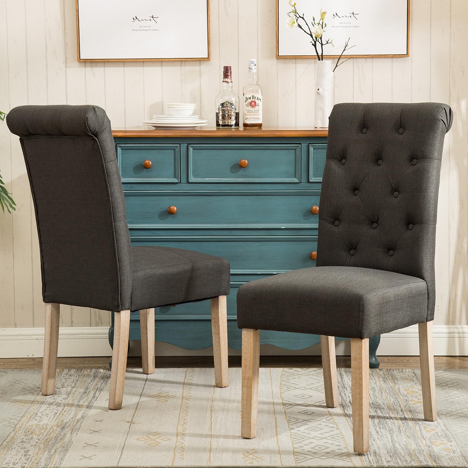Roundhill Furniture Habit Solid Wood Tufted Parsons Dining Chair (Set of 2), Tan