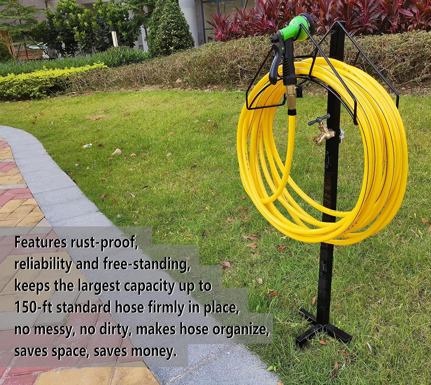 Artigarden Freestanding Garden Hose Holder Hanger, Heavy Duty Metal Water Hose Reel Storage Stand Rack for Yard Lawn, Bright Black (Hose not Included)