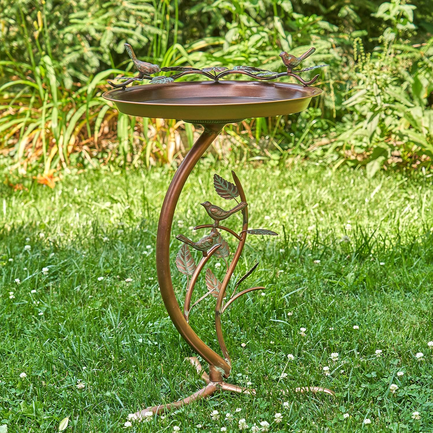 Zaer Ltd. Shallow Birdbath on Curved Branch Stand (Aged Copper Finish)