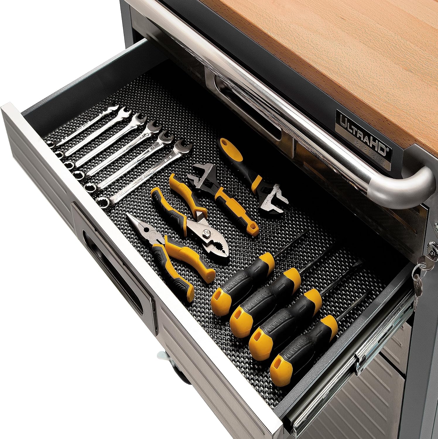 Seville Classics UltraHD Heavy Duty Rolling Cabinet Workbench Table w/Solid Wood Top, Workstation for Garage, Office, Workshop, Granite, 6-Drawer (28" W x 18" D