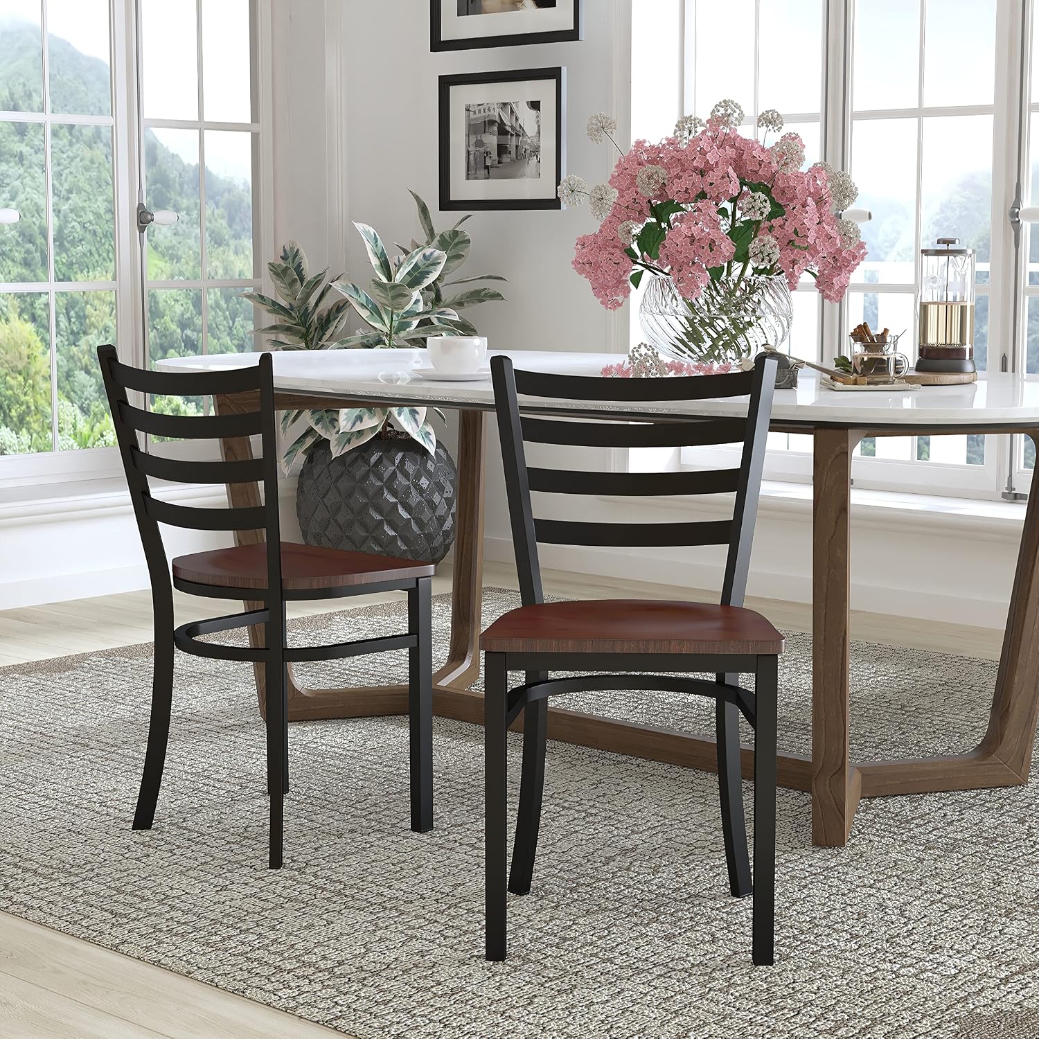 Flash Furniture Hercules Series Commercial Ladder Back Restaurant Chairs, Modern Lightweight Metal Dining Chairs with Padded Seats, Set of 2, Black