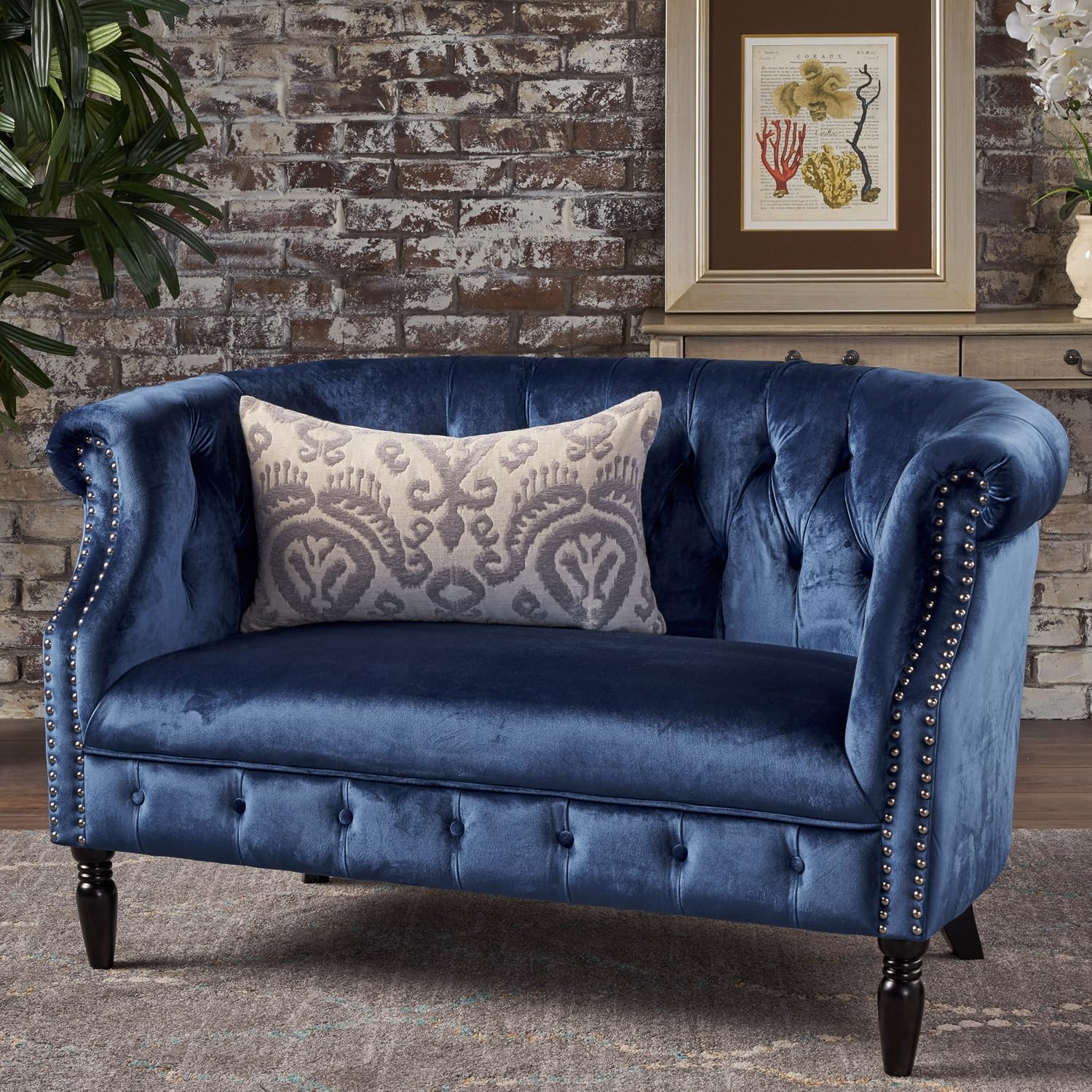 Christopher Knight Home Milani Tufted Scroll Arm Velvet Loveseat, Navy Blue / Dark Brown