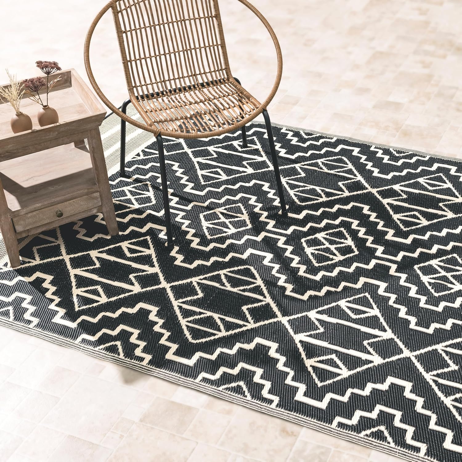 Fab Habitat Outdoor Rug - Waterproof, Fade Resistant, Crease-Free - Premium Recycled Plastic - Geo Tribal - Porch, Deck, Balcony, Mudroom