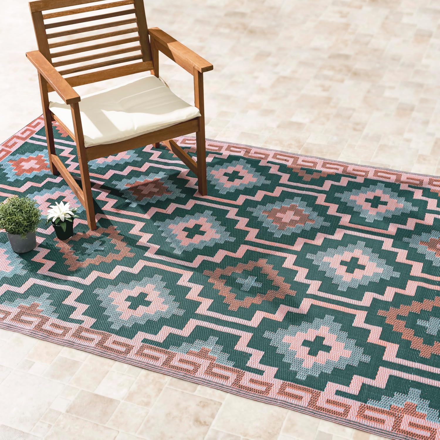 Fab Habitat Outdoor Rug - Waterproof, Fade Resistant, Crease-Free - Premium Recycled Plastic - Geo Tribal - Porch, Deck, Balcony, Mudroom