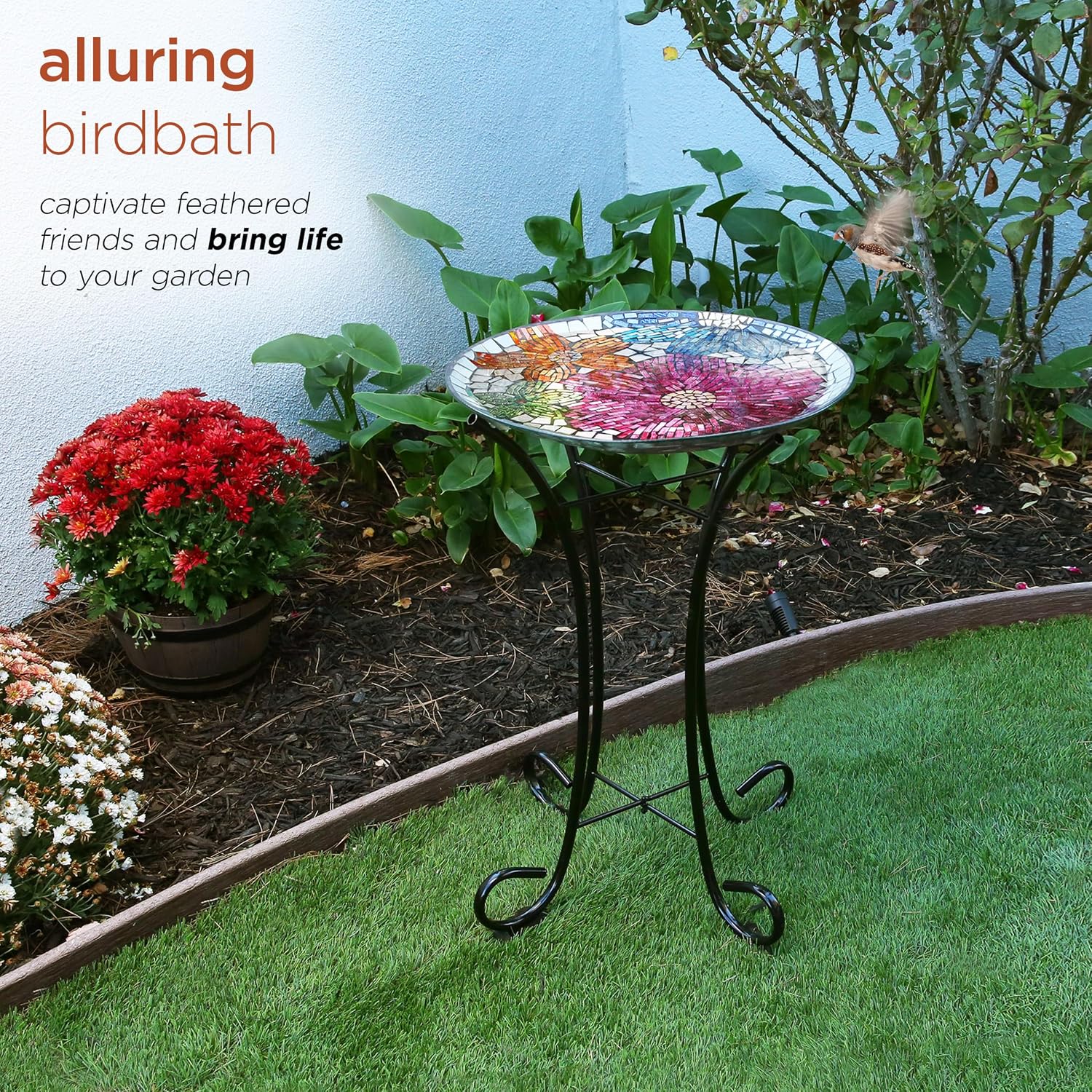 Alpine Corporation 24" Tall Outdoor Floral Mosaic Glass Birdbath with Metal Stand and Detachable 18 Inch Diameter Bowl, Garden Decor