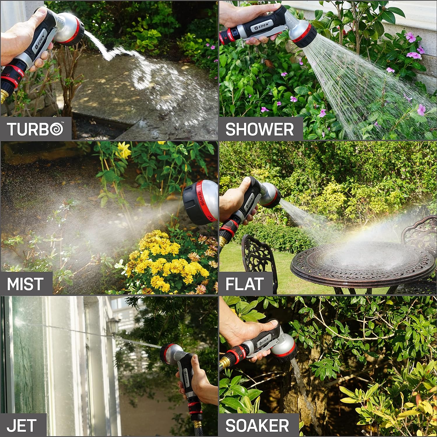 Eden Metal 7-Pattern Hose Nozzle: Thumb Control, Heavy-Duty Zinc Alloy