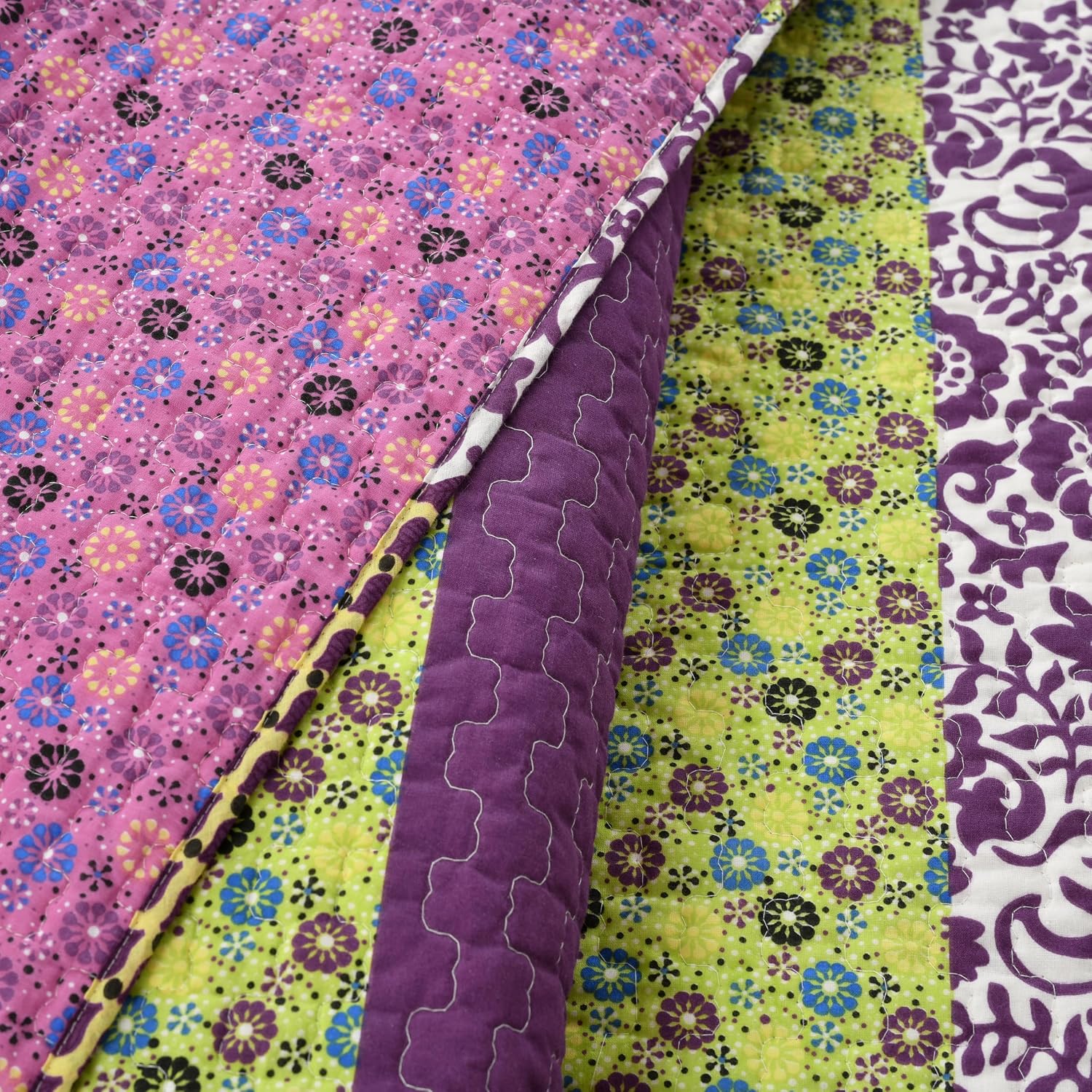 Lush Decor Royal Empire Reversible Cotton Quilt Set, 3 Piece Set Full/ Queen, Plum - Striped Bedding Set - Floral Quilt Queen Size - Purple Bedding - Boho Decor