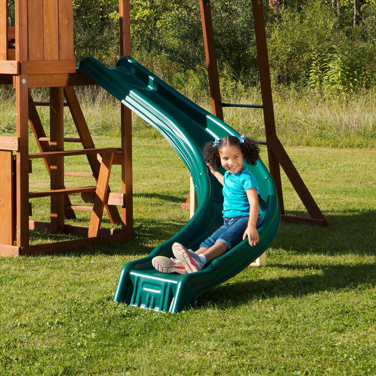 Swing-N-Slide PB 8272 Cedar Brook Wooden Swing Set Play Set with Two Swings, Slide, Monkey Bars, Picnic Table & Glider, Green