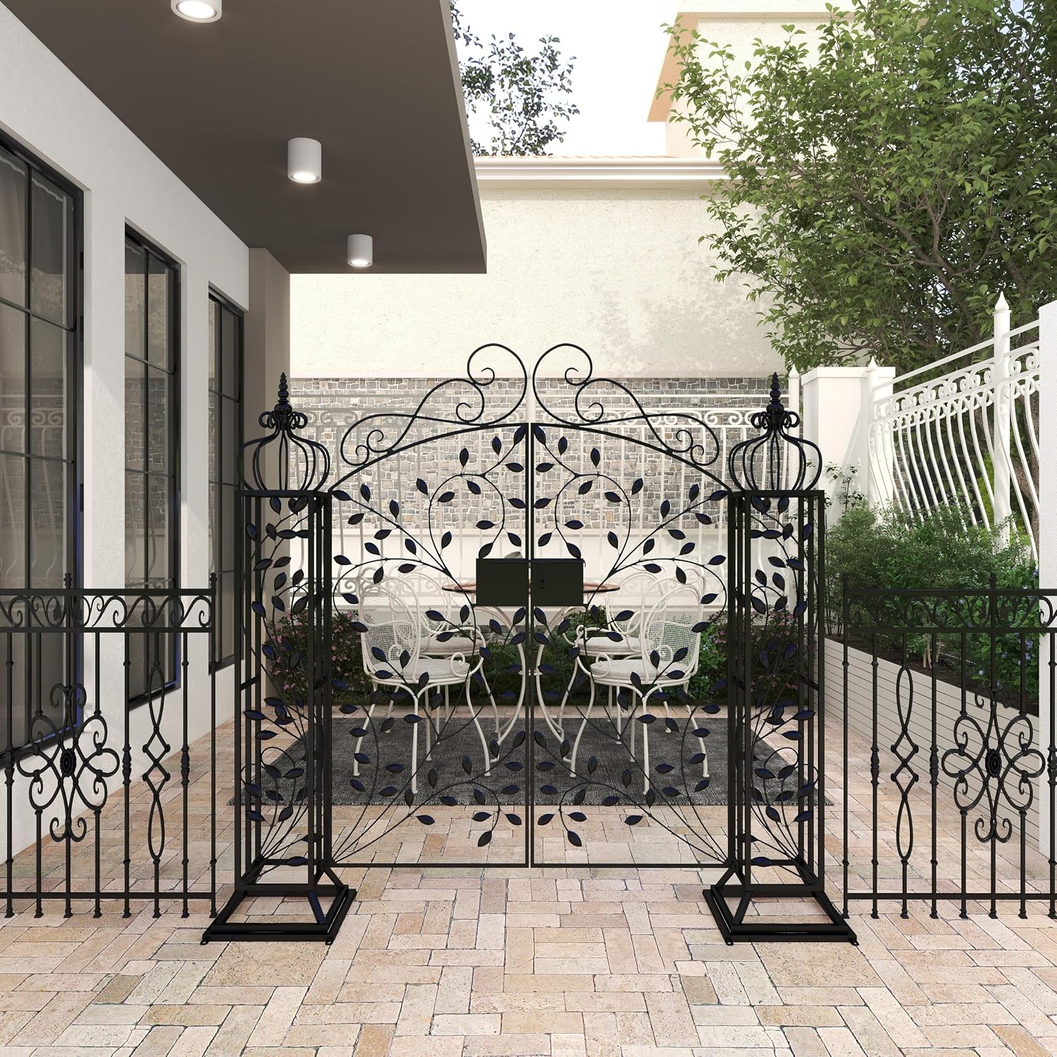 Deco 79 Metal Indoor Outdoor Garden Arbor, 78" x 14" x 94", Matte Bronze | Elevate patios and gardens, metal garden arch trellis, metal trellis for climbing plants outdoor, double doors, scroll latch