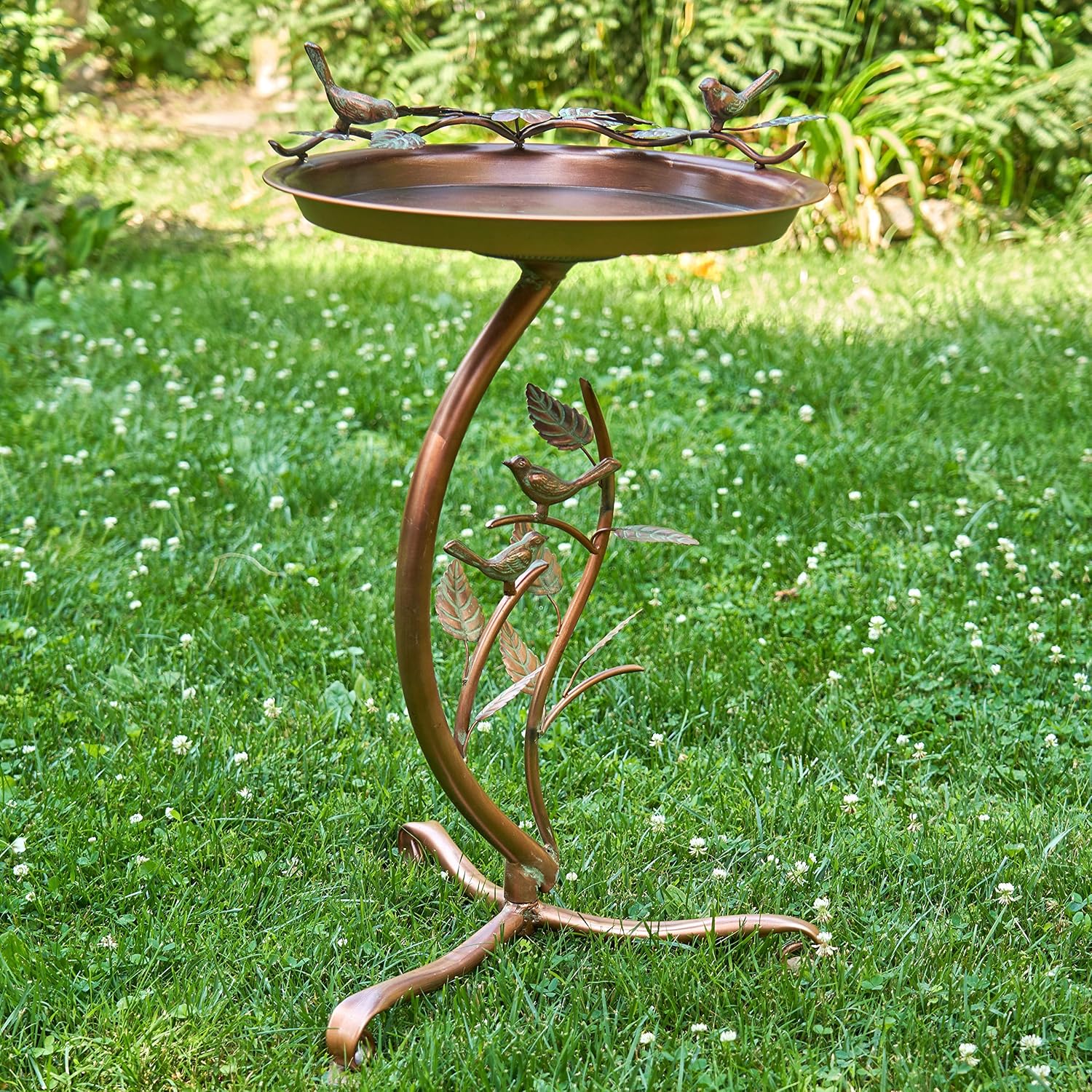 Zaer Ltd. Shallow Birdbath on Curved Branch Stand (Aged Copper Finish)