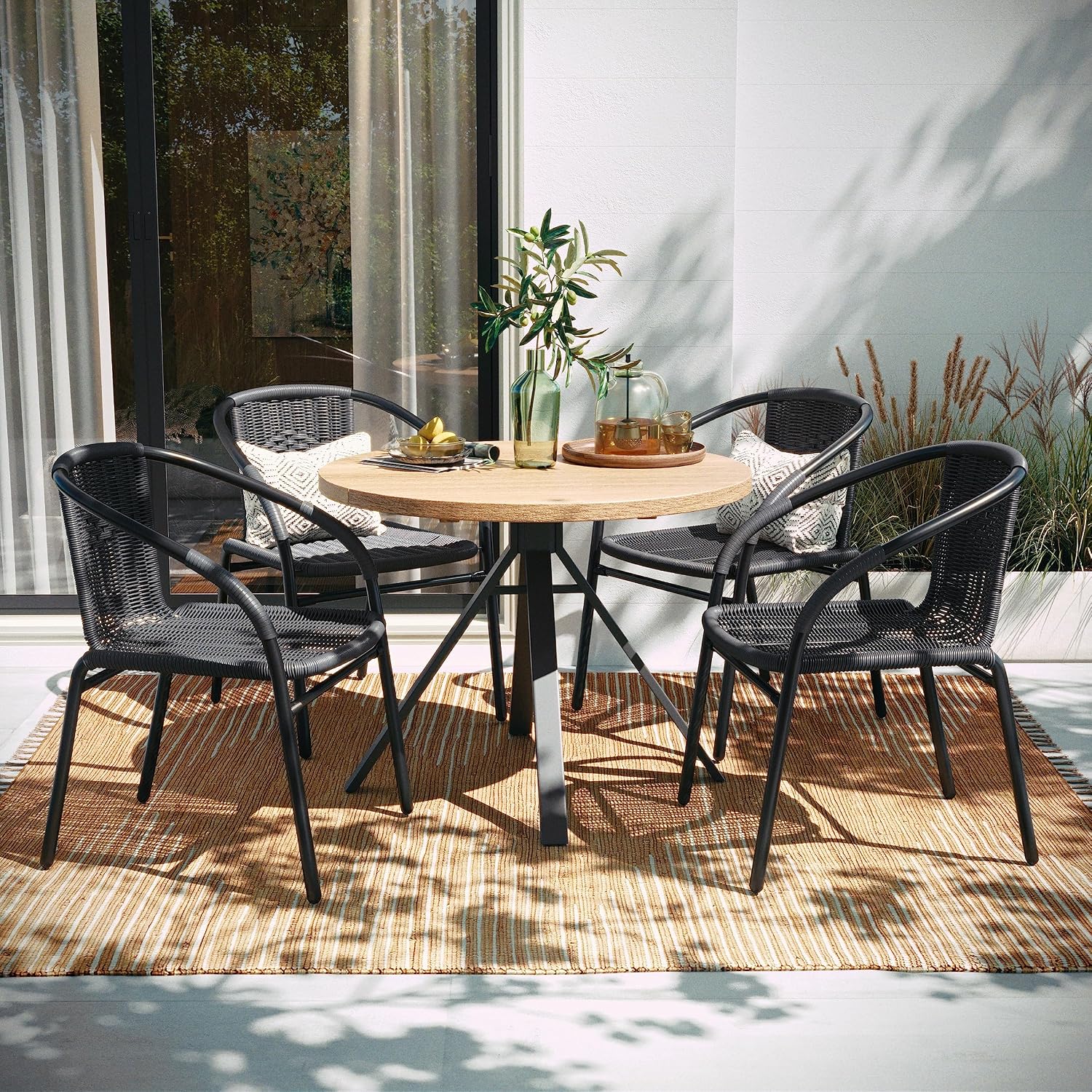 Flash Furniture Lila Modern Rattan Indoor/Outdoor Stackable Dining Chairs, Stacking Rattan Bistro Chairs for Patio or Restaurant, Set of 4, Brown | Commercial Grade, Indoor/Outdoor Use