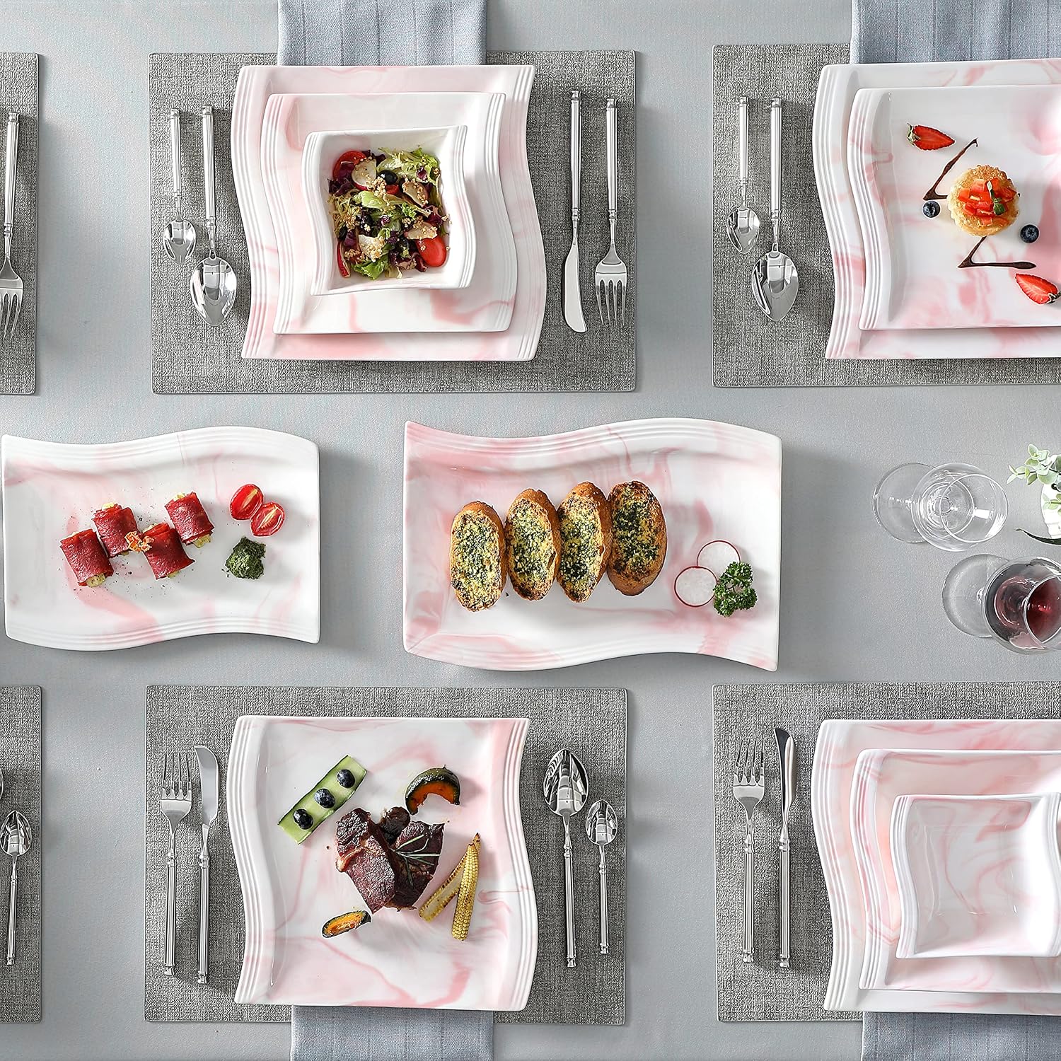 MALACASA Plates and Bowls Sets, 26 Pieces Ivory White Porcelain Dinnerware Sets without Mugs, Square Dinnerware with Dinner Plates, Bowls and Serving Platters, Modern Dish Set for 6, Series Flora