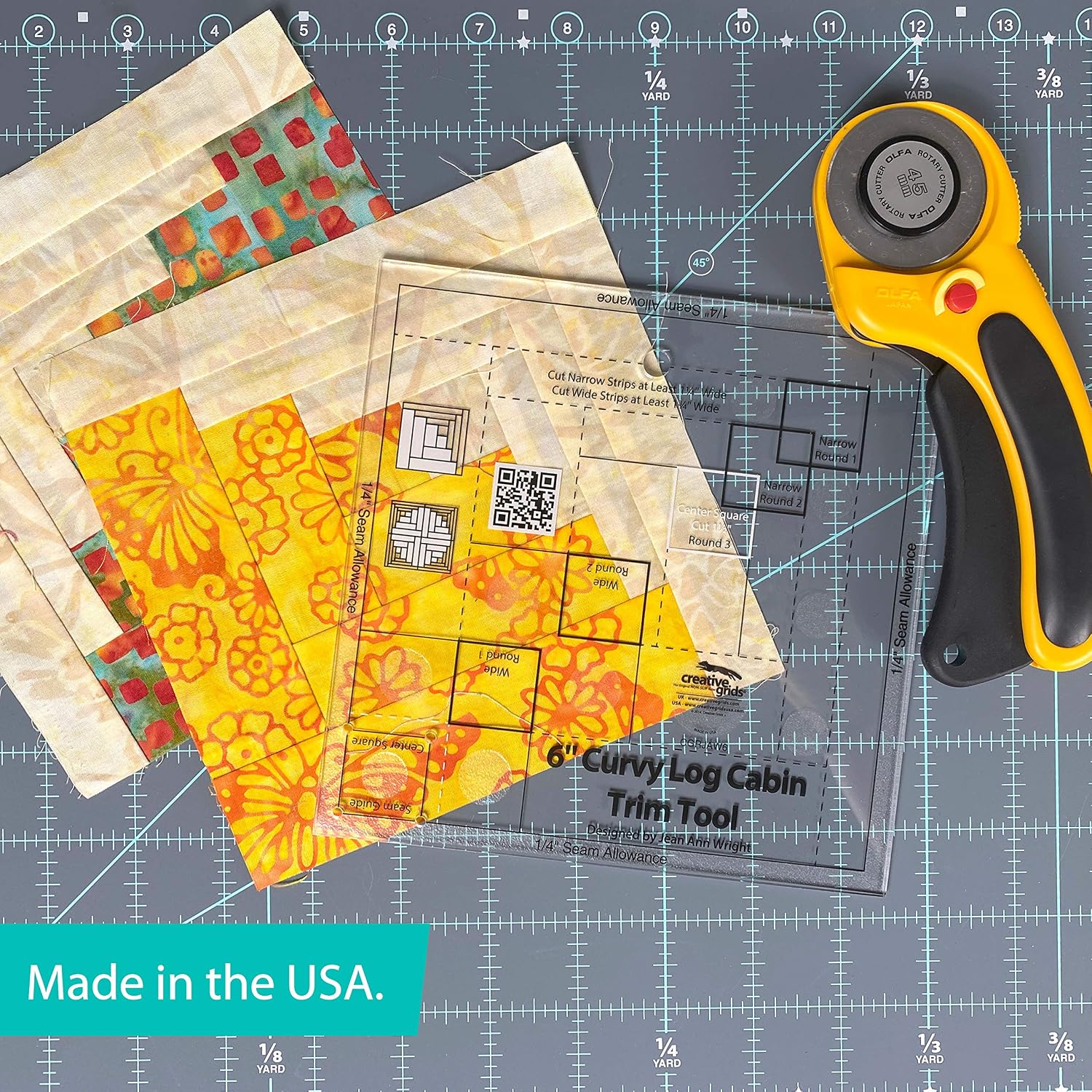 Creative Grids Curvy Log Cabin Trim Tool Quilt Ruler – CGRJAW6 – Made in USA, 6-1/2in x 6-1/2in, Non-Slip Grip Acrylic Quilting, Sewing, Crafting