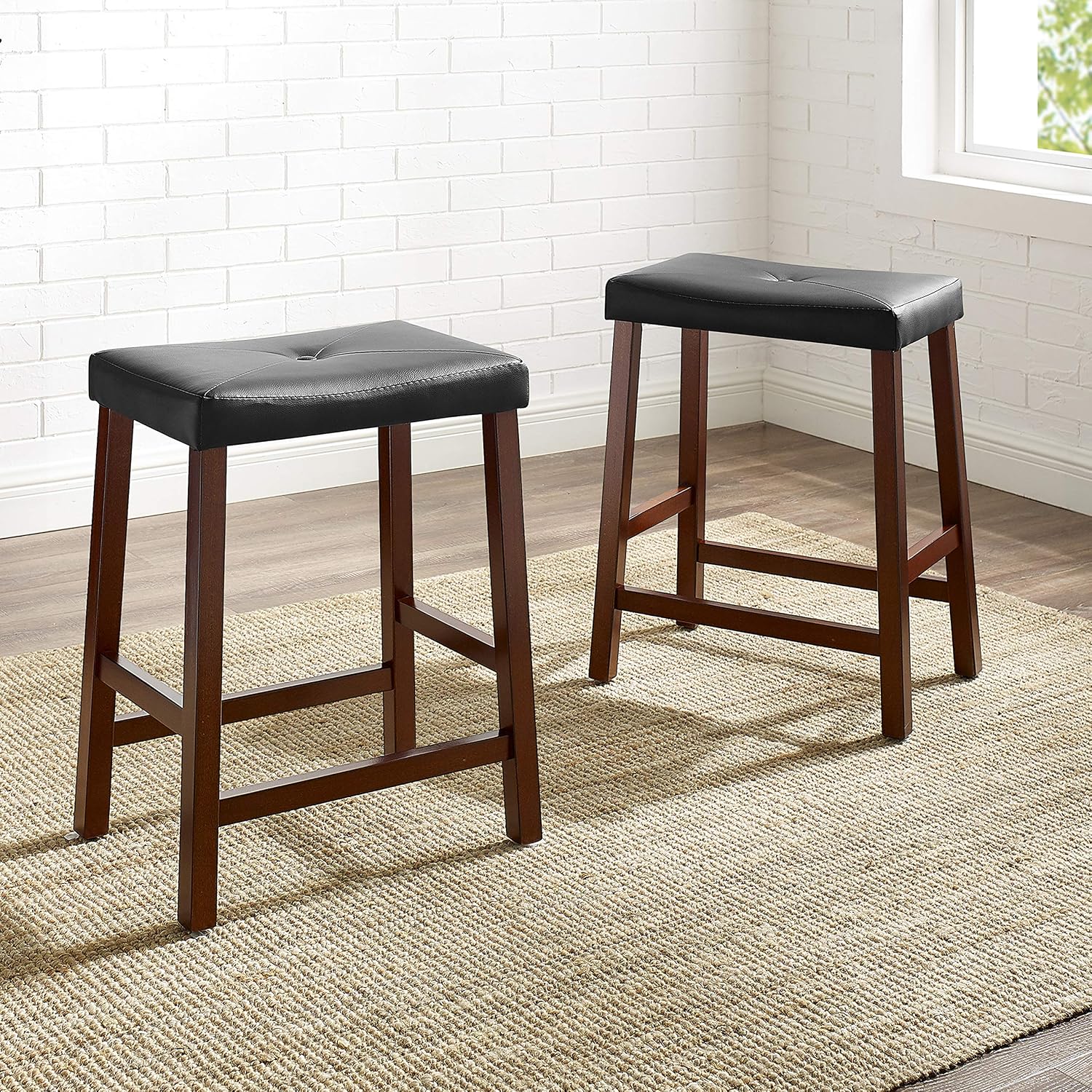 Crosley Furniture Upholstered Saddle Seat Counter Height Bar Stools Set of 2, Black, 24-inch