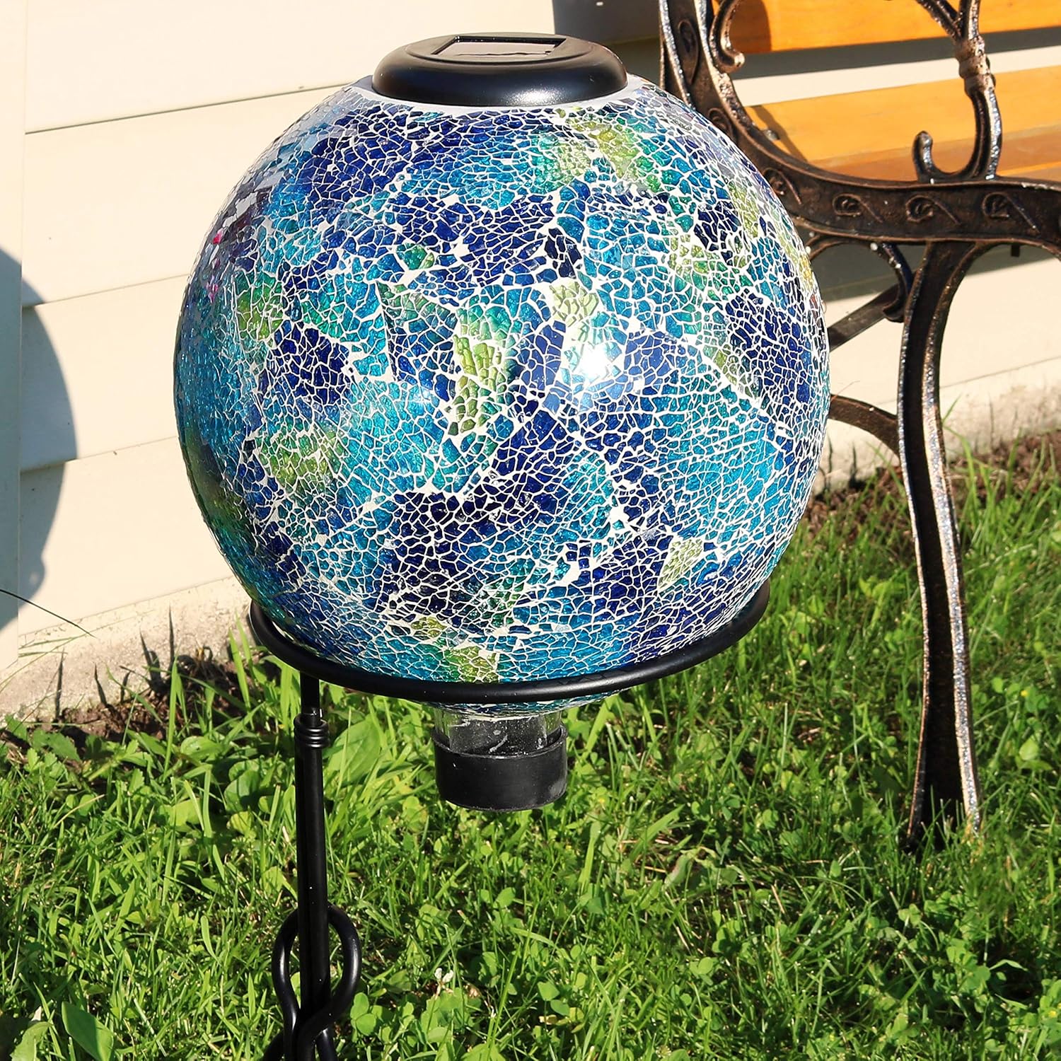 Sunnydaze Solar Gazing Ball for Garden, Mosaic Cool Blooms