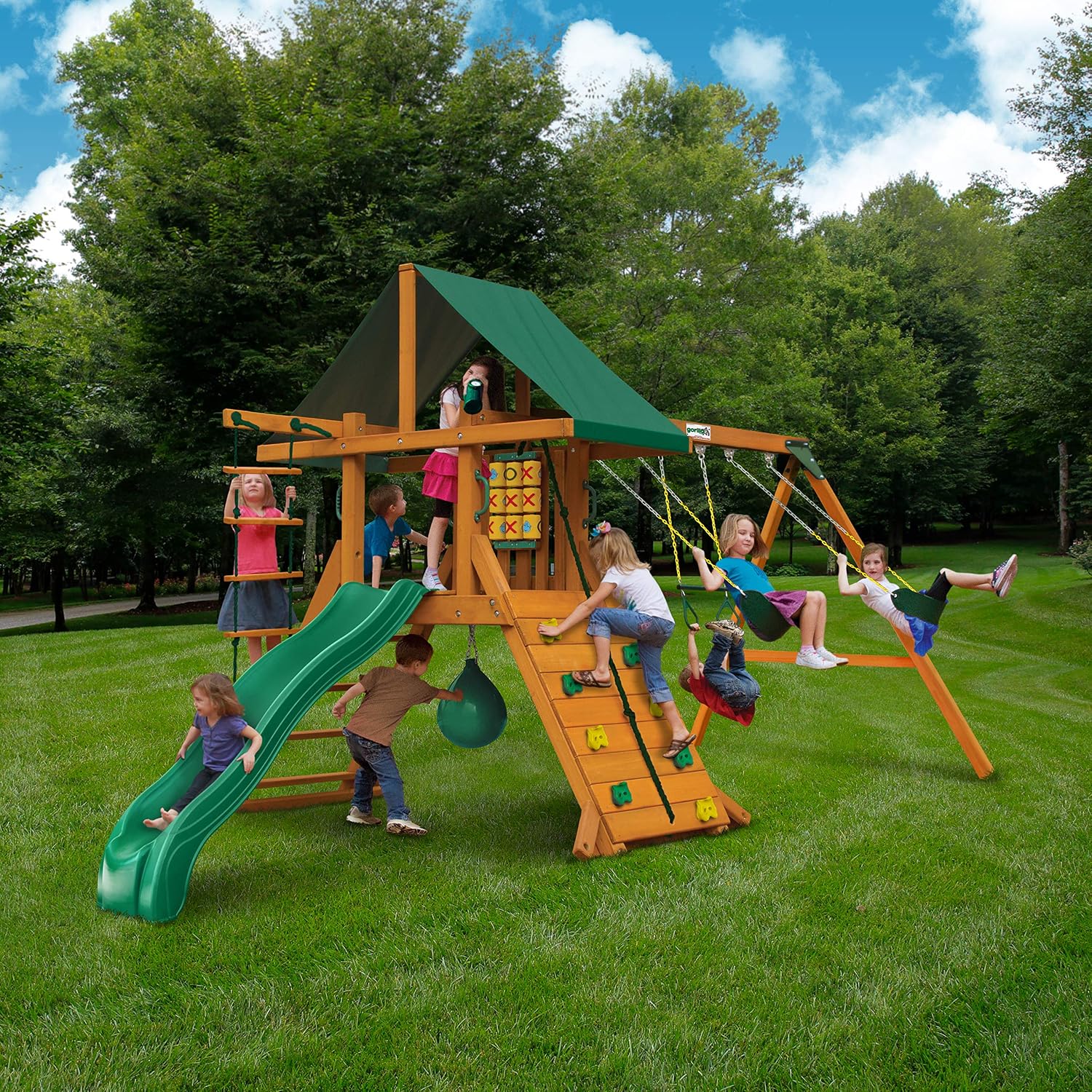 Gorilla Playsets 01-1059-AP High Point Wood Swing Set with Green Vinyl Canopy, Two Swings, Rock Climbing Wall, Slide, Amber