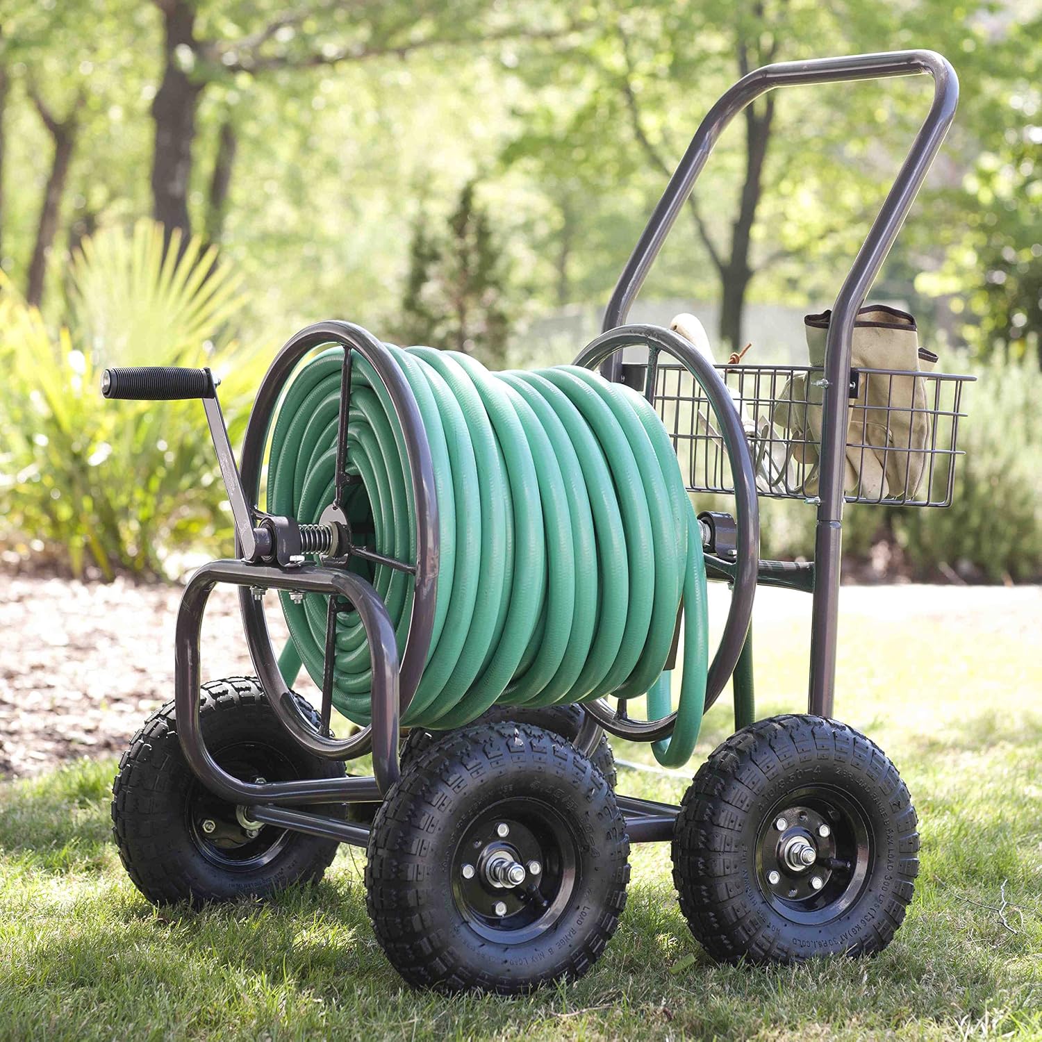 Liberty Garden Residential Grade Four Wheel 250 Foot Capacity Steel Frame Water Hose Reel Cart with Basket for Backyard, Garden, or Home, Brown