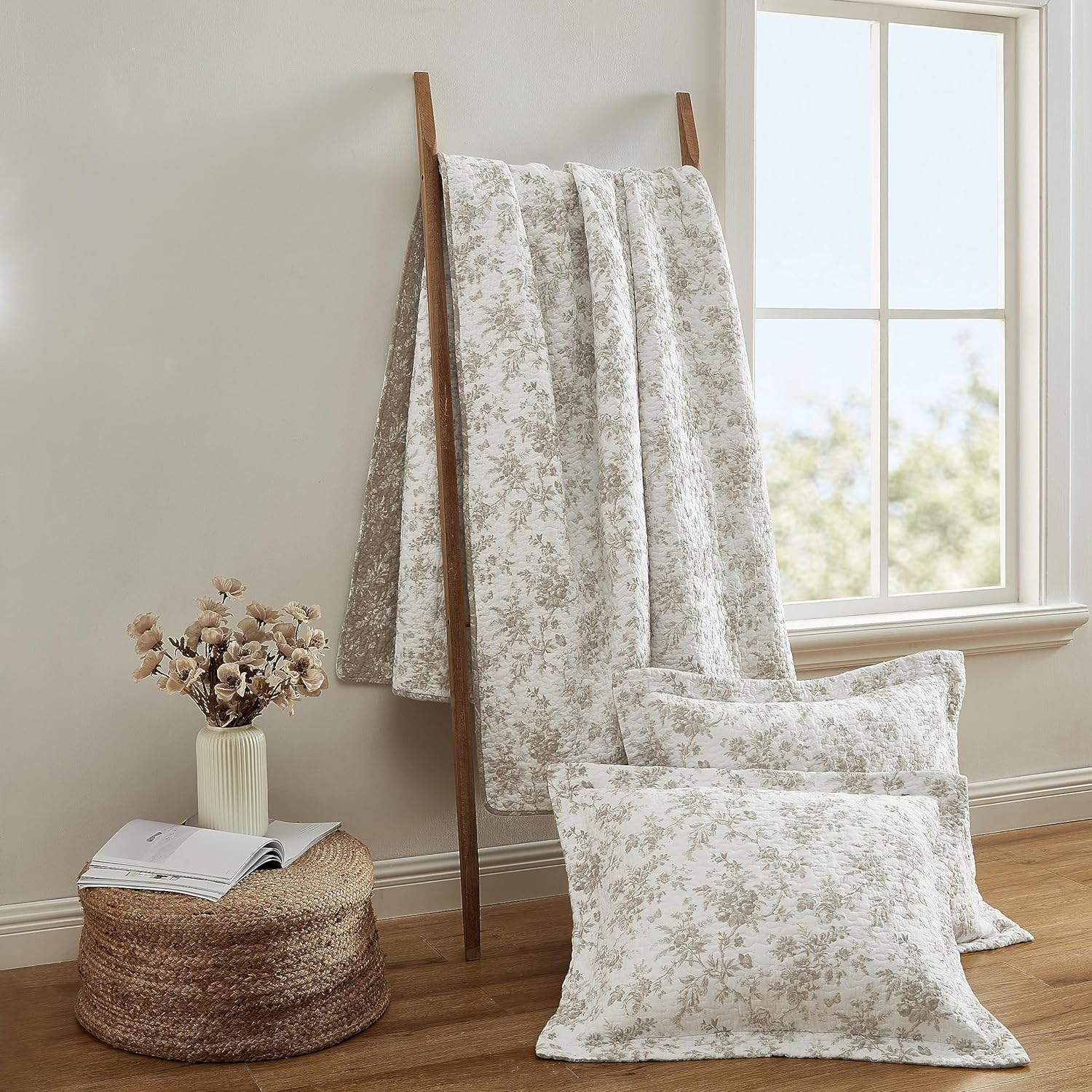 Laura Ashley - Queen Quilt Set, Soft Cotton Bedding with Matching Shams, Reversible Floral Toile Design, Floral Room Decor