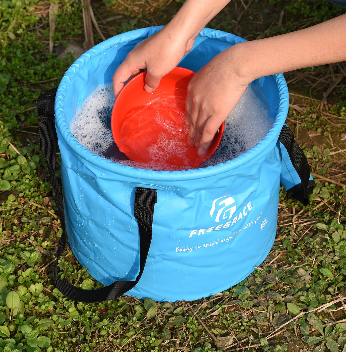 Freegrace Collapsible Bucket with Mesh Tool Pocket - 10L, 16L & 23L Portable Folding Water Container - Heavy Duty 500D Tarpaulin, BPA-Free Wash Basin for Camping, Fishing, RV, and Car Washing
