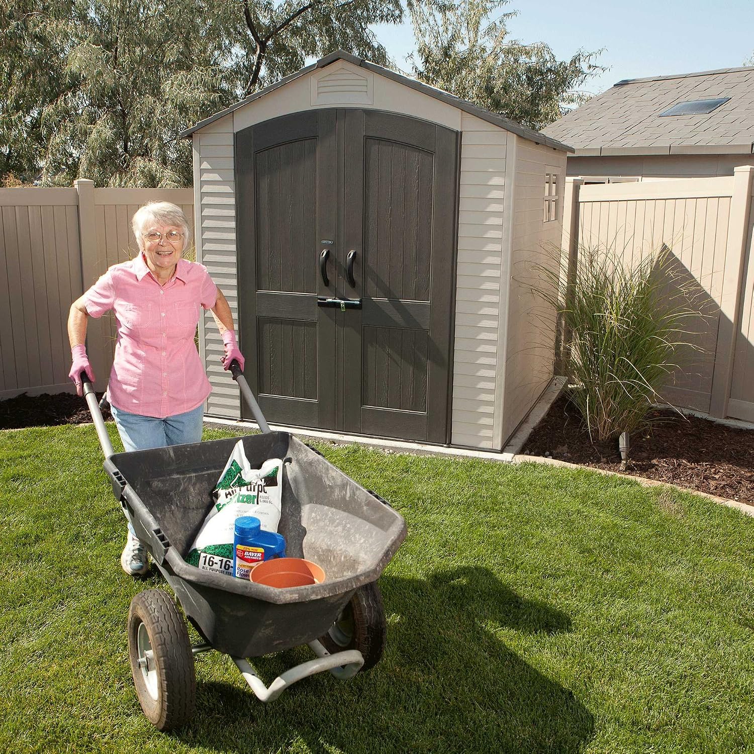 Lifetime 7' x 7' Outdoor Storage Shed with High-Density Polyethylene, Steel-Reinforced, Desert Sand