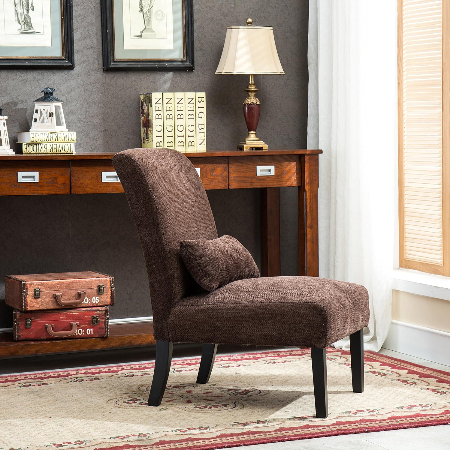Roundhill Furniture Pisano Teal Blue Fabric Armless Contemporary Accent Chair with Kidney Pillow