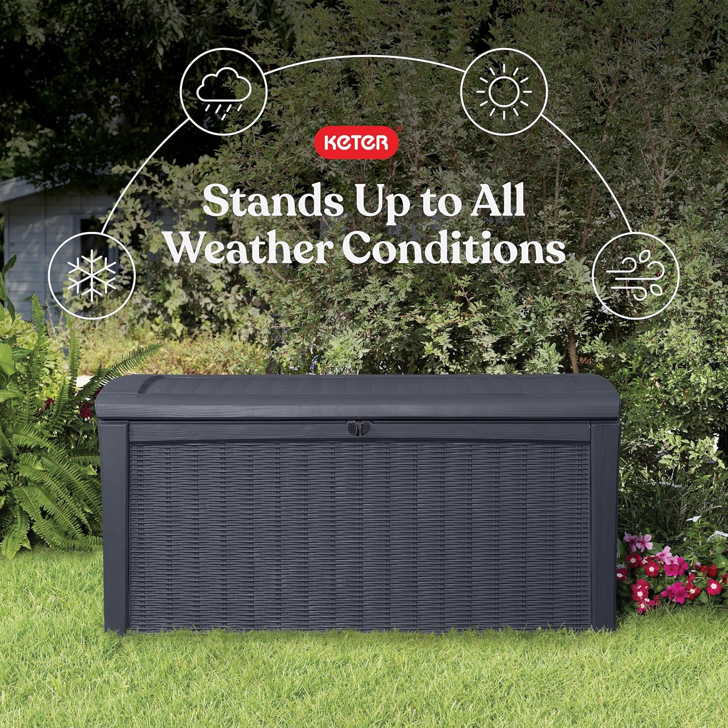Keter Borneo 110 Gallon Resin Deck Box - Organization and Storage for Patio Furniture, Outdoor Cushions, Throw Pillows, Garden Tools and Pool Toys, Brown | for Patio, Backyard & Garden - Lockable, Organizing, and Waterproof Plastic Container Bench