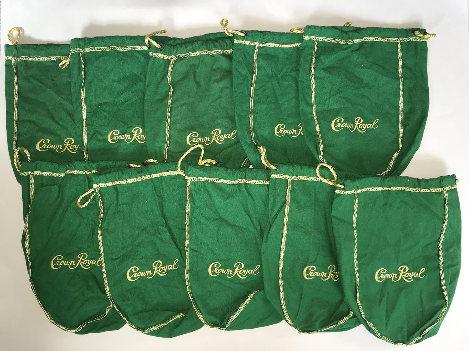 Pack of 10 Green Crown Royal Bags w/Gold Drawstrings from 1 Liter Bottles (9 inch x 5.5 inch) for Gift Bags